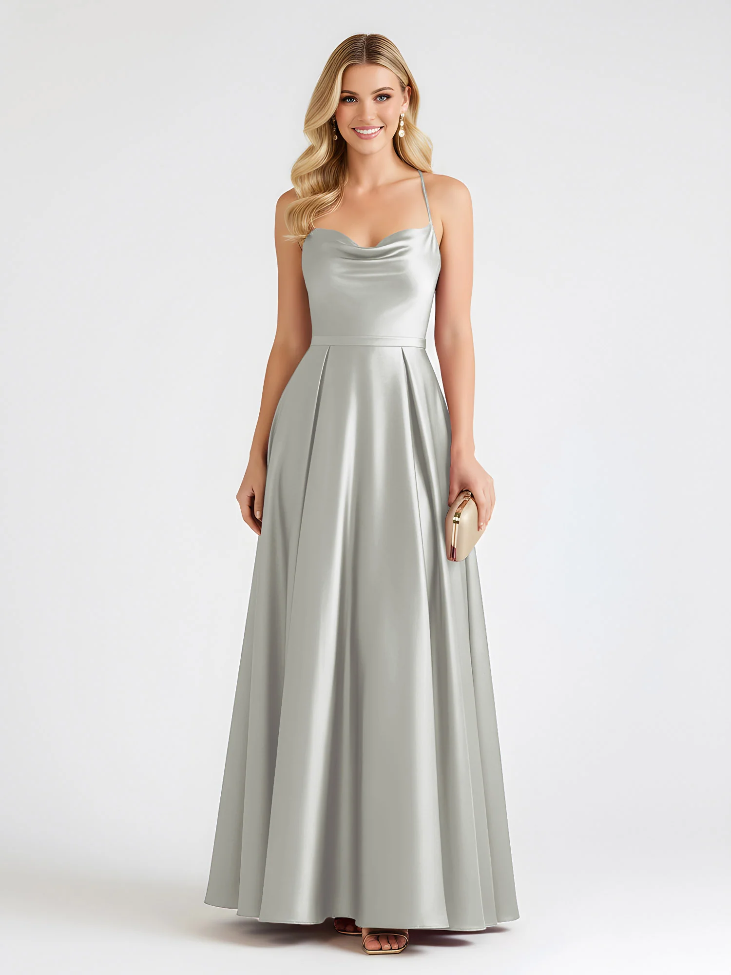 A-Line Satin Floor Length Cowl Neck Ruched Dresses Silver