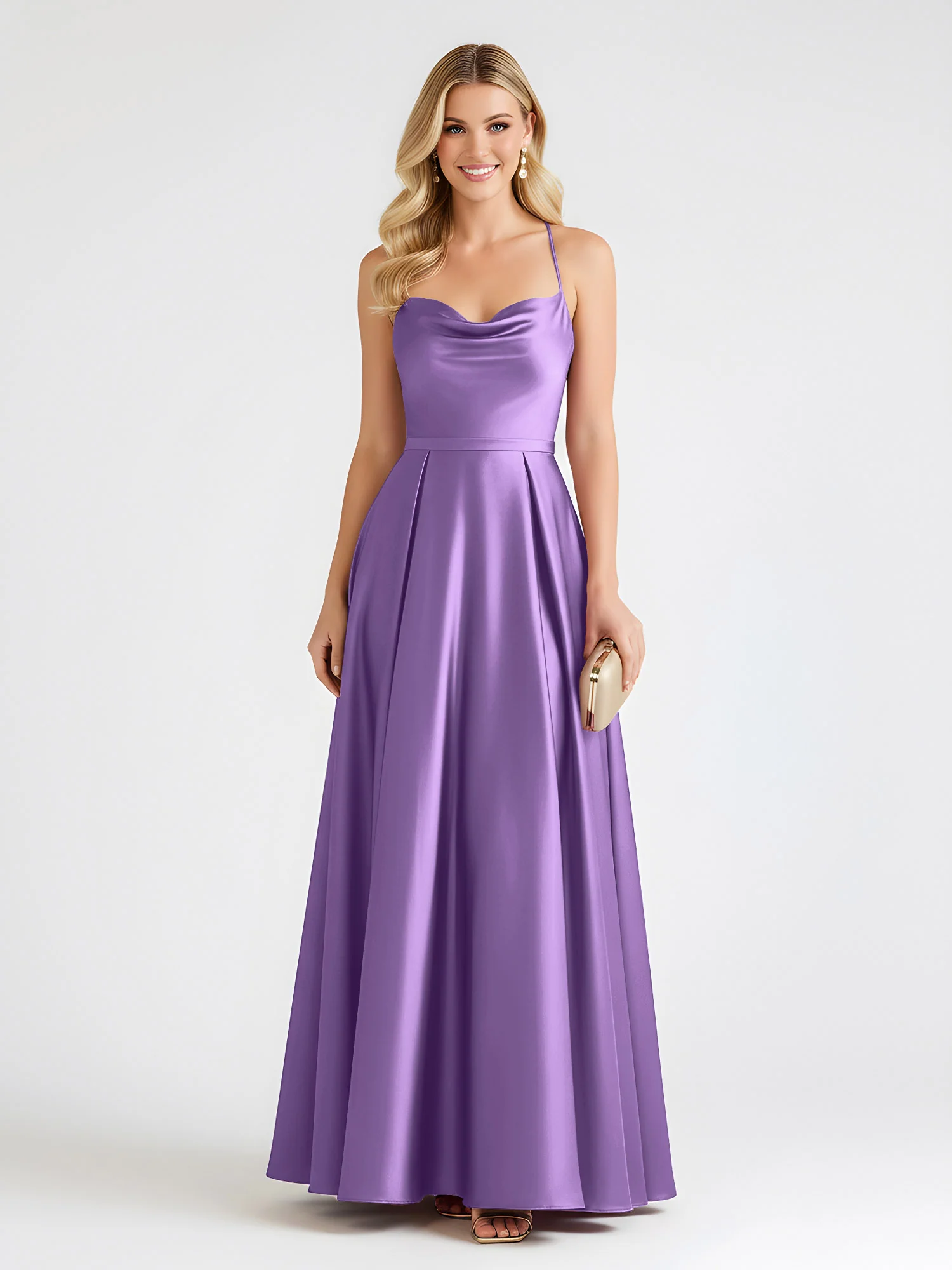 A-Line Satin Floor Length Cowl Neck Ruched Dresses Tahiti