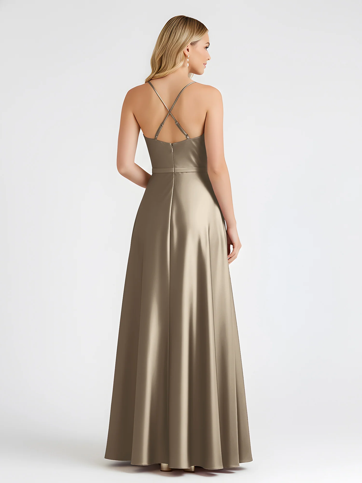 A-Line Satin Floor Length Cowl Neck Ruched Dresses Taupe - Image 2