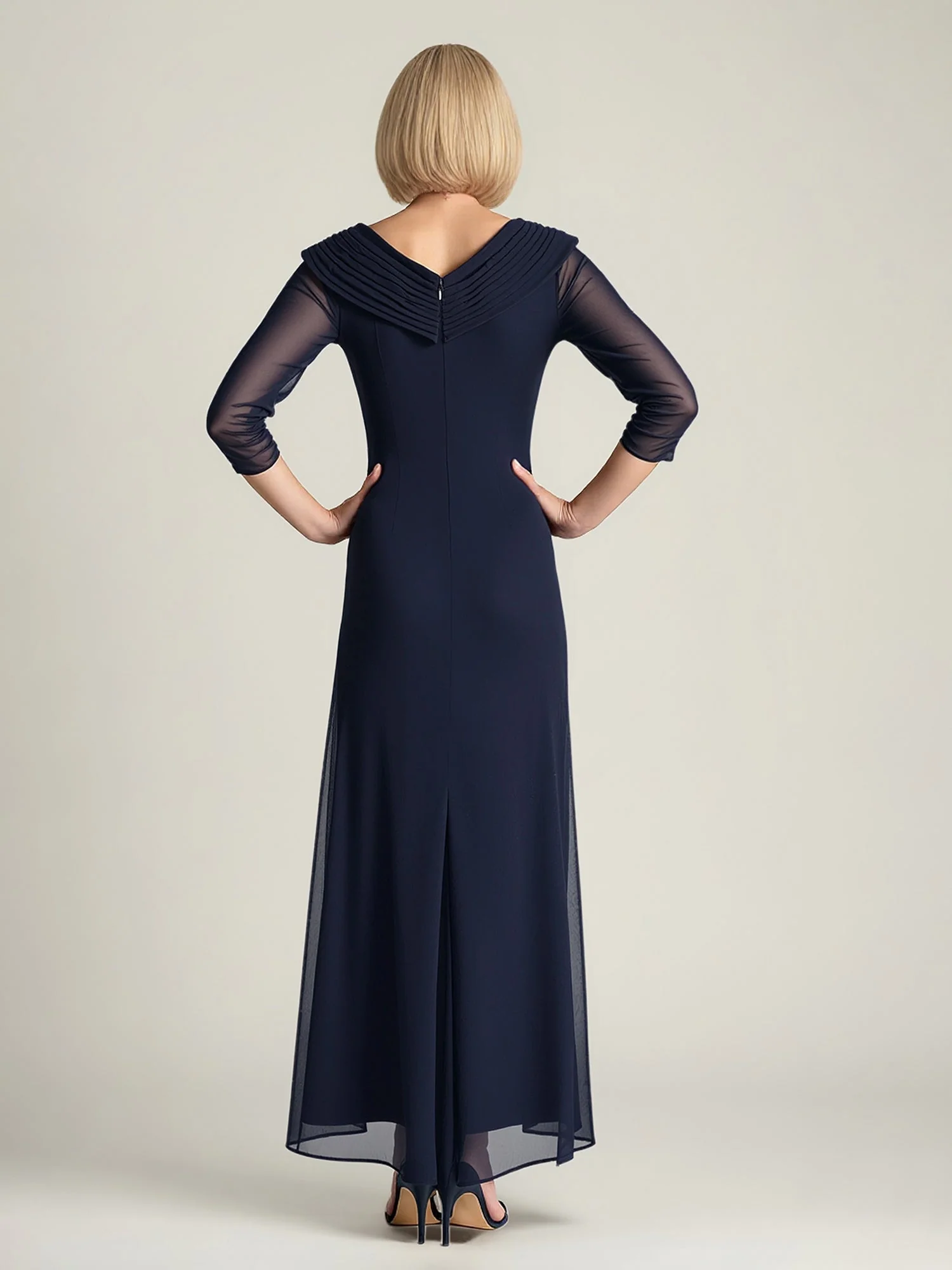 Chiffon Ruched Bodice Formal Gown with Sheer Sleeves Daffodil - Image 2