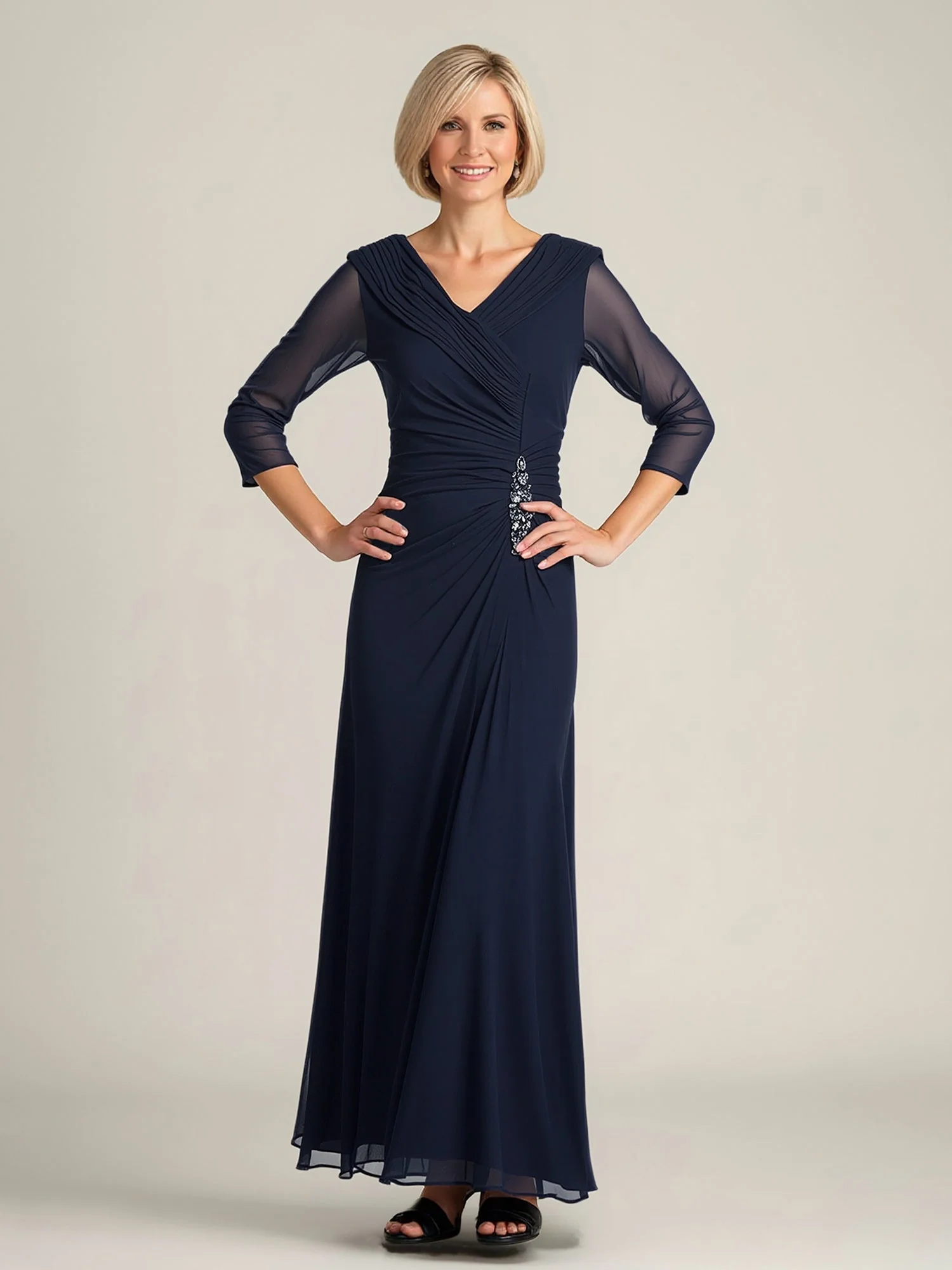 Chiffon Ruched Bodice Formal Gown with Sheer Sleeves Sky Blue