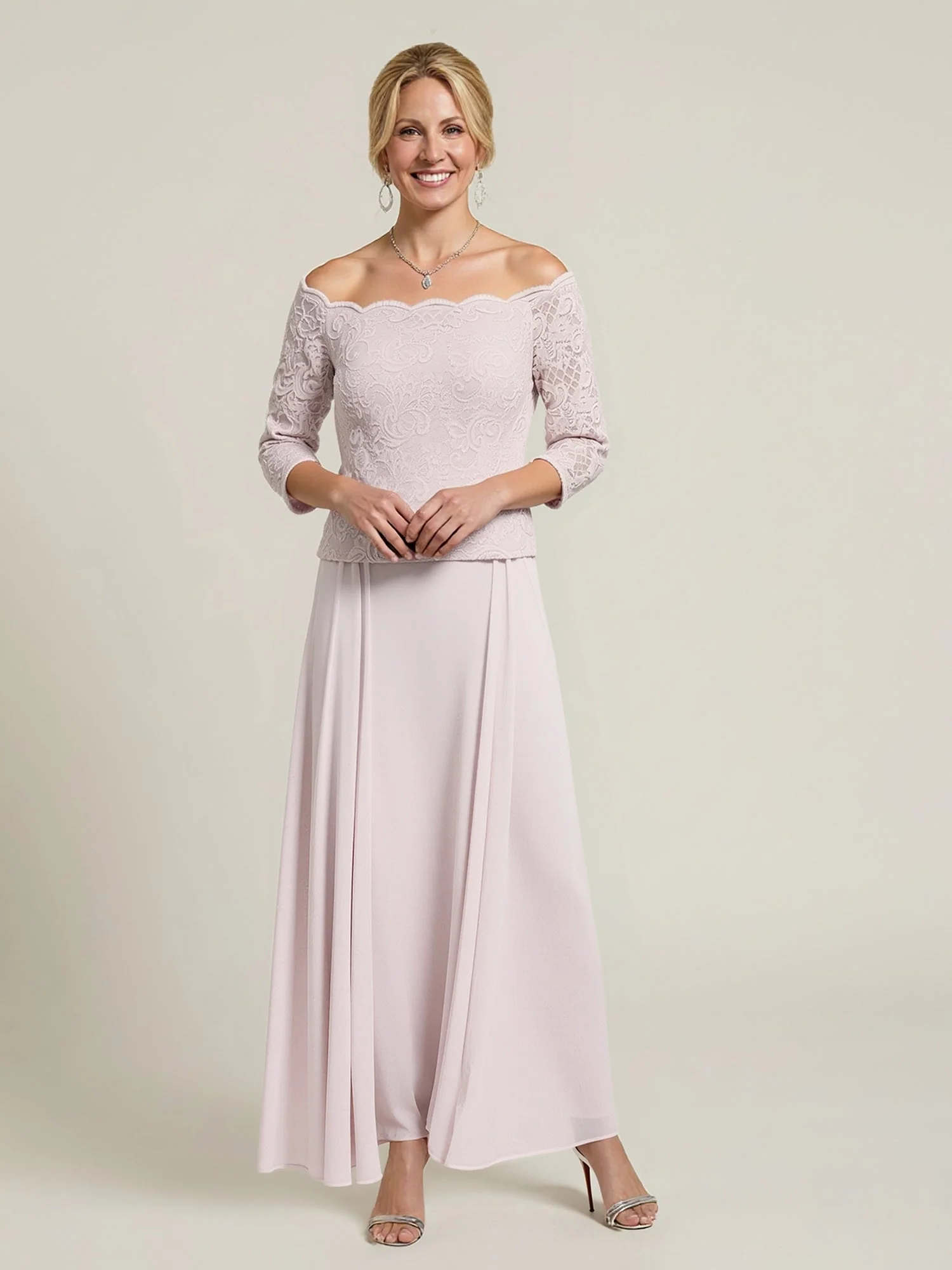 Lace Bodice Off-Shoulder Gown with Scalloped Edge Pool