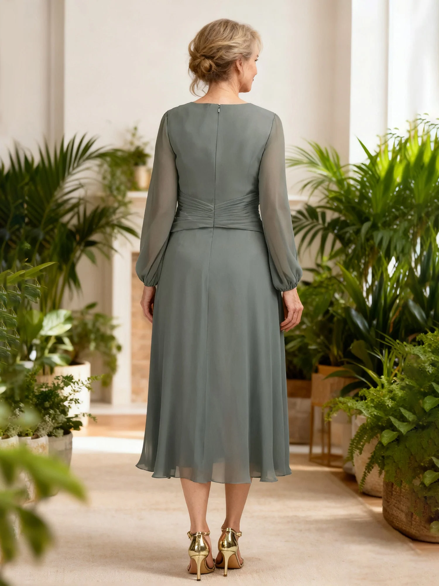V-Neck Chiffon A-Line Dress with Ruched Waist Dusty Blue - Image 2