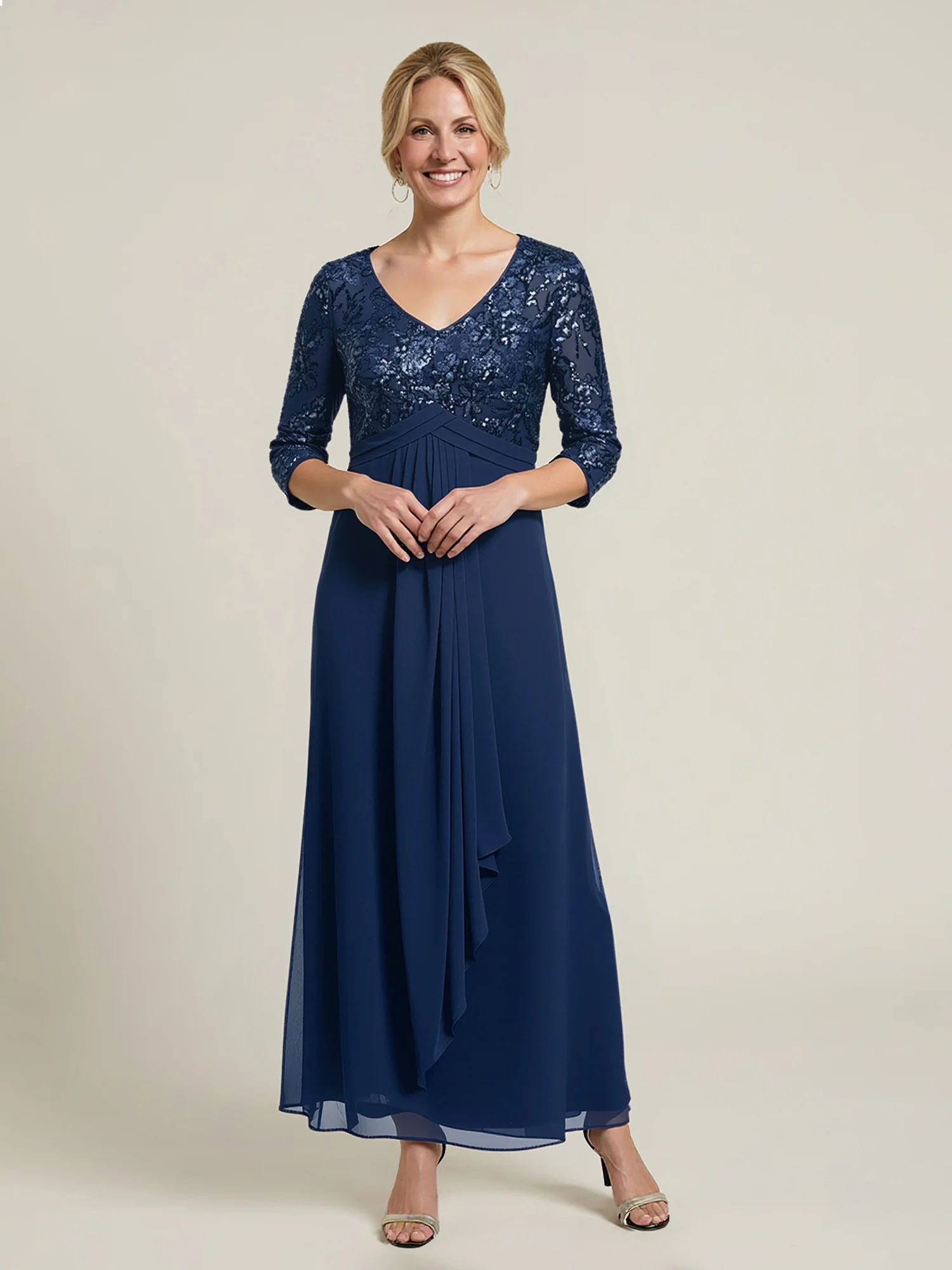 Sequin Lace V-Neck Bodice Chiffon Overlay Gown Dark Navy