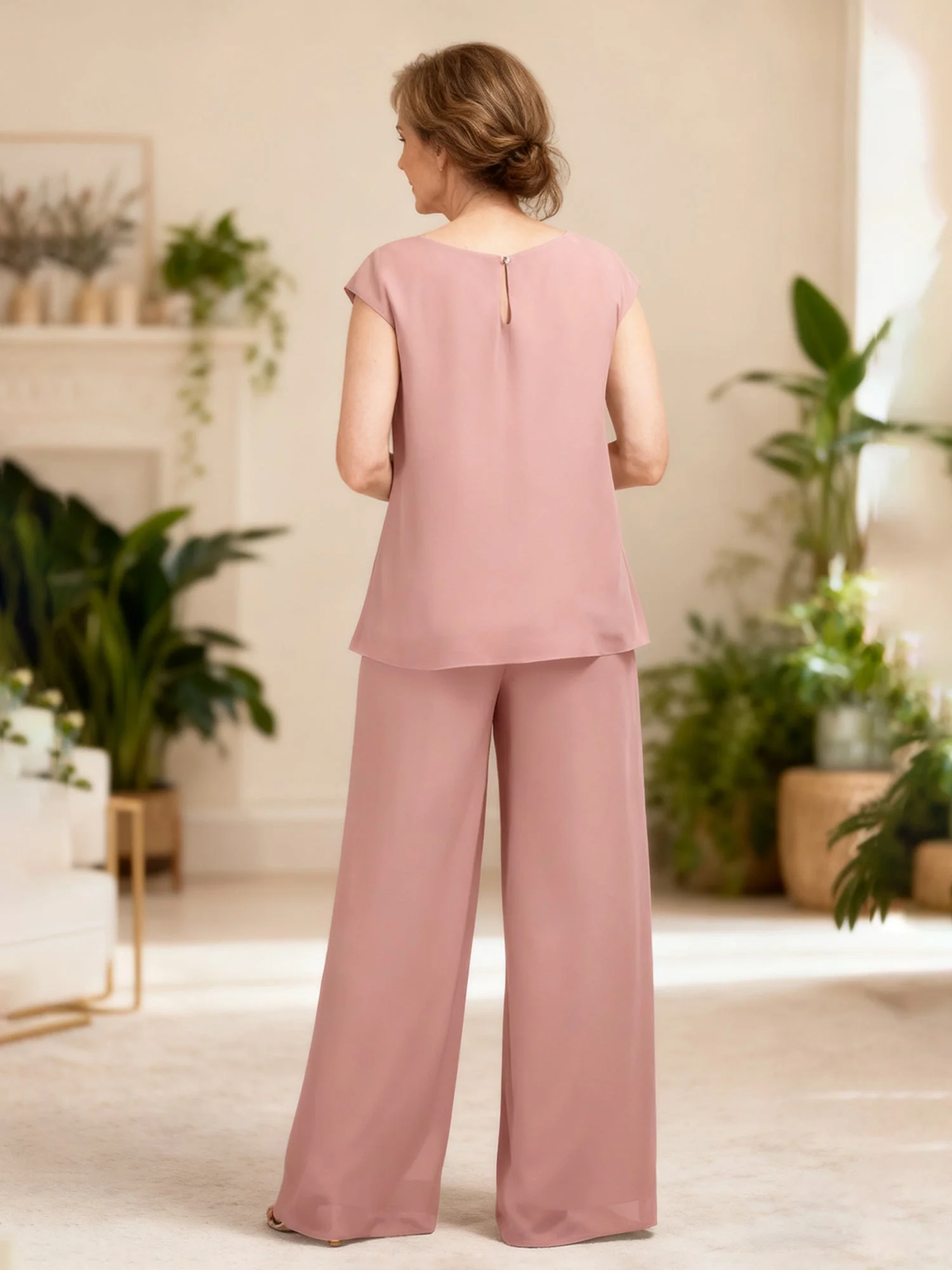 Chiffon Cap Sleeve Tunic and Wide Leg Pant Set Dark Navy - Image 2