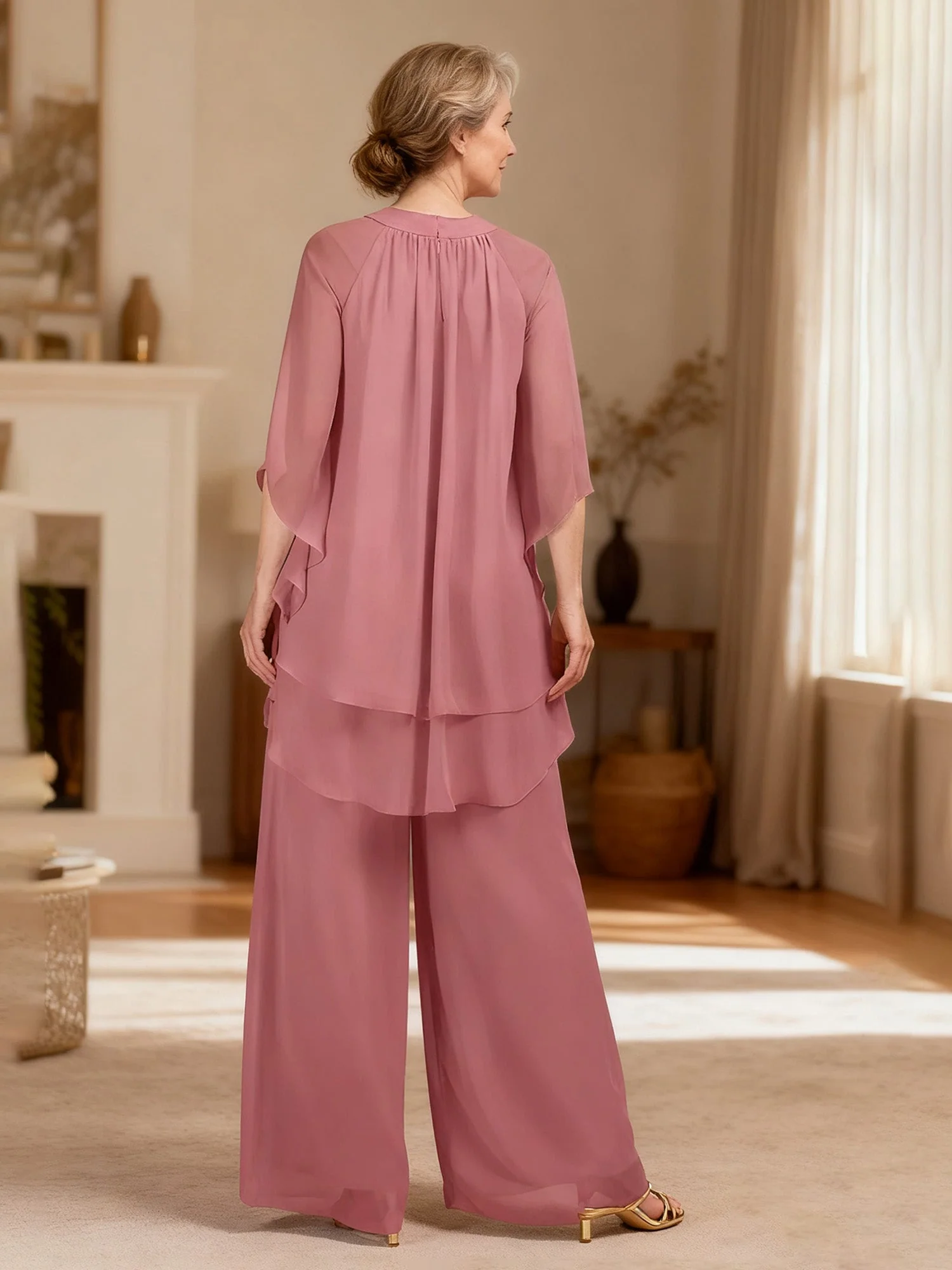 Layered Chiffon Poncho Top and Wide Leg Pant Suit Dark Navy - Image 2