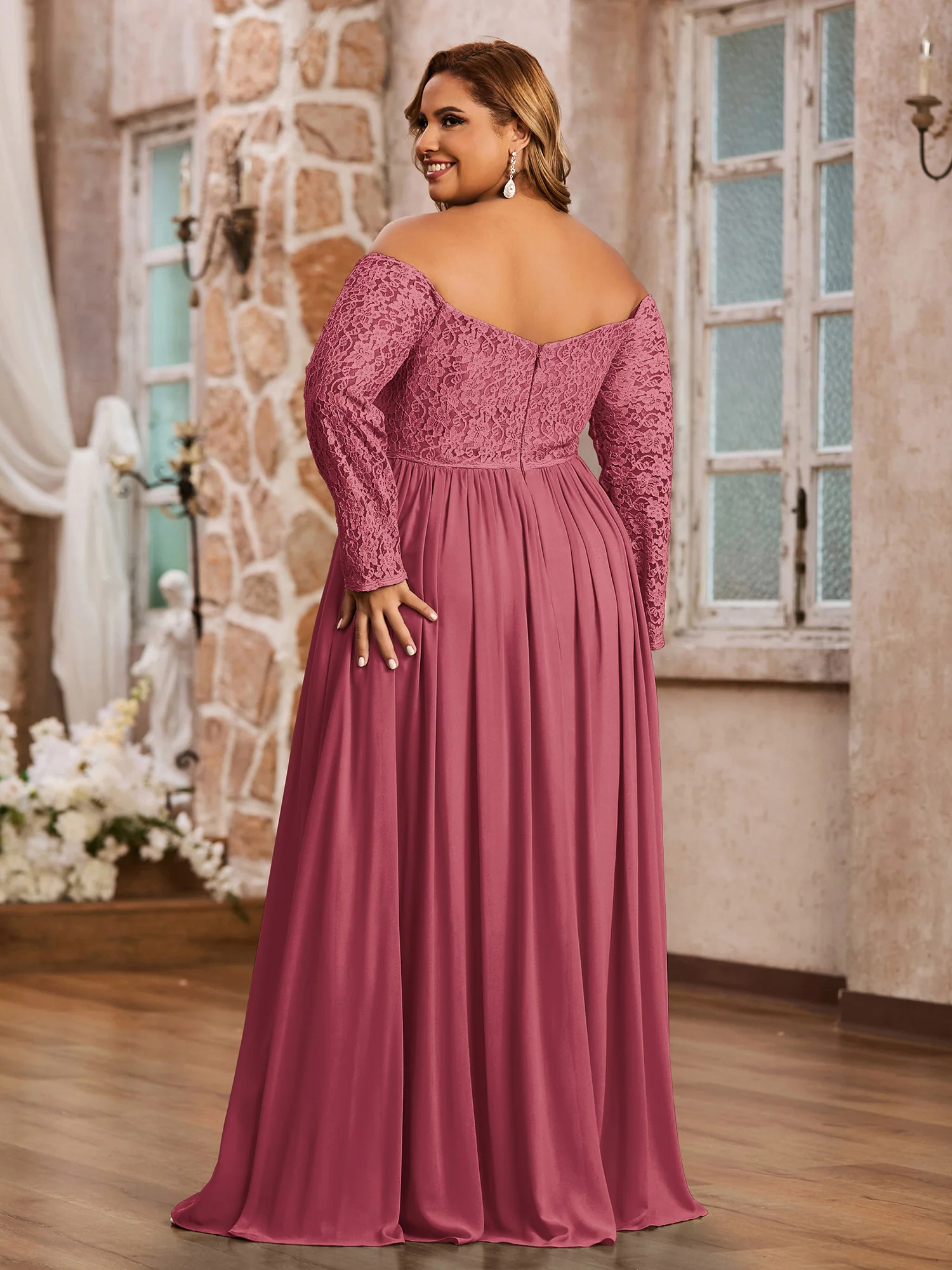 Off Shoulder Lace Top Long Sleeves Dresses-Cinnamon Rose Plus Size - Image 2