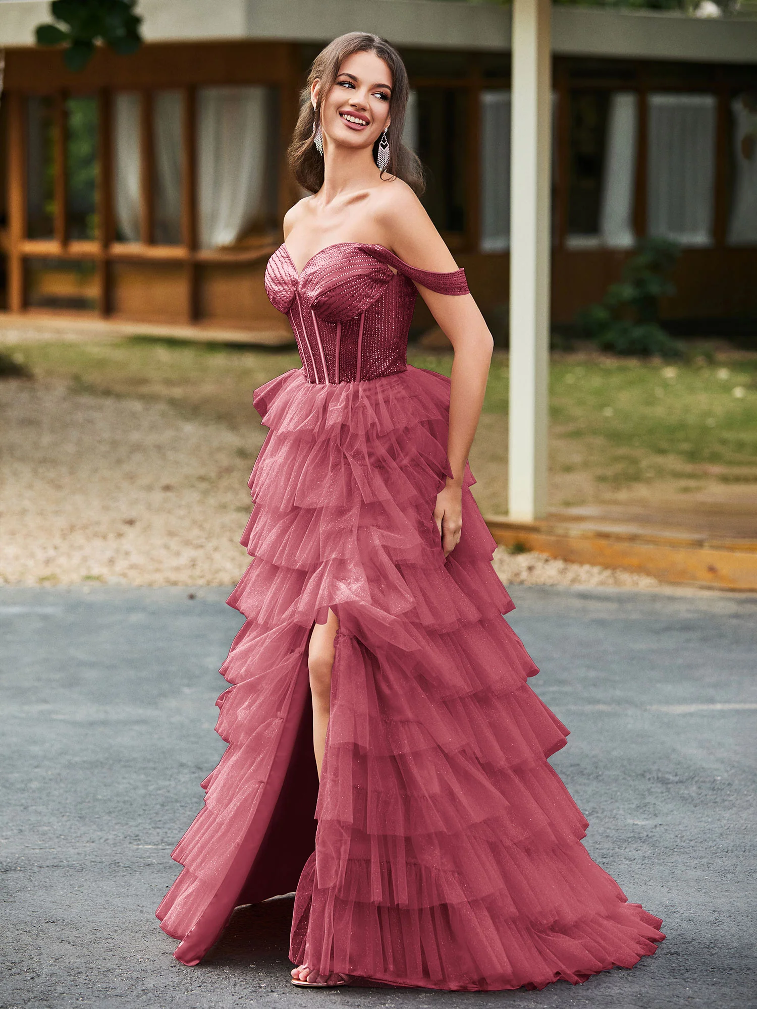 Off the Should Diamond Corset Top Maxi Dress Cinnamon Rose - Image 3
