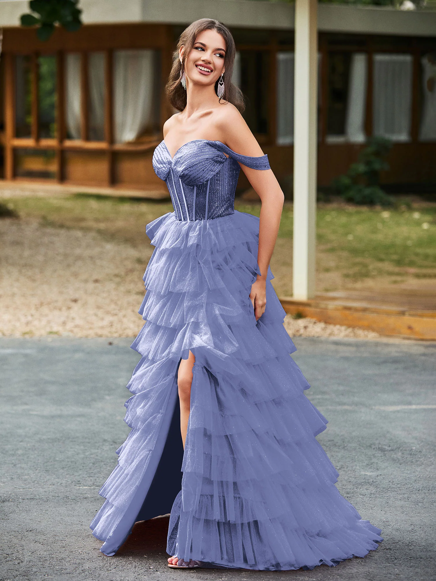 Off the Should Diamond Corset Top Maxi Dress Periwinkle - Image 3
