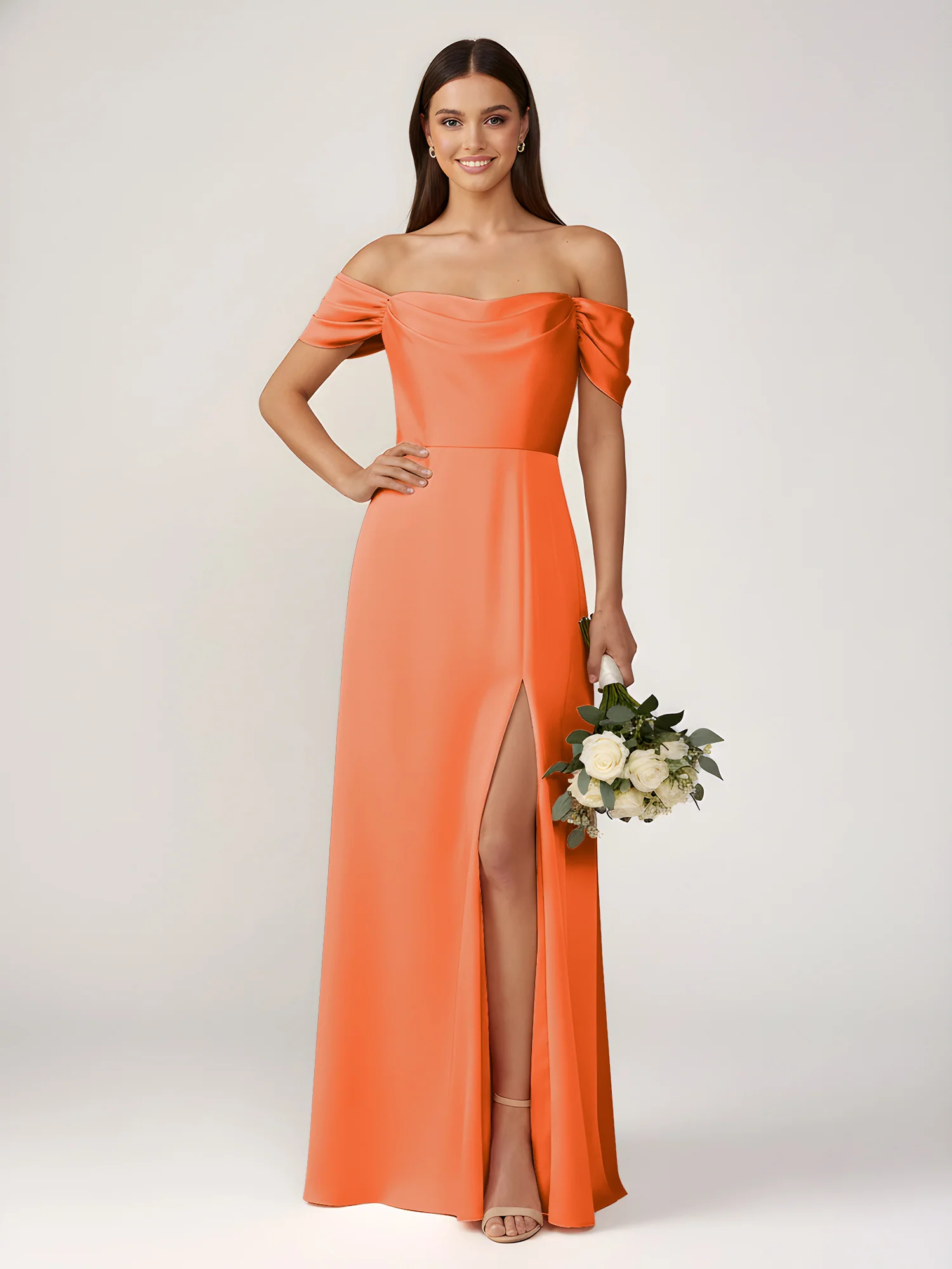 Off-The-Shoulder A-Line Floor Length Dresses With Slit Burnt Orange
