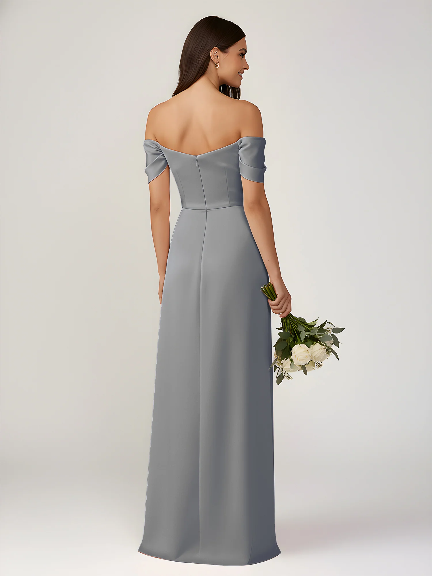 Off-The-Shoulder A-Line Floor Length Dresses With Slit Steel Grey - Image 2