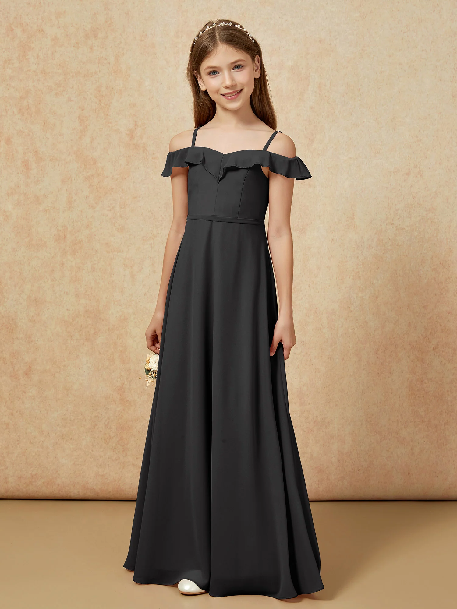Off-the-shoulder A-Line Junior Bridesmaid Dresses Black - Image 5