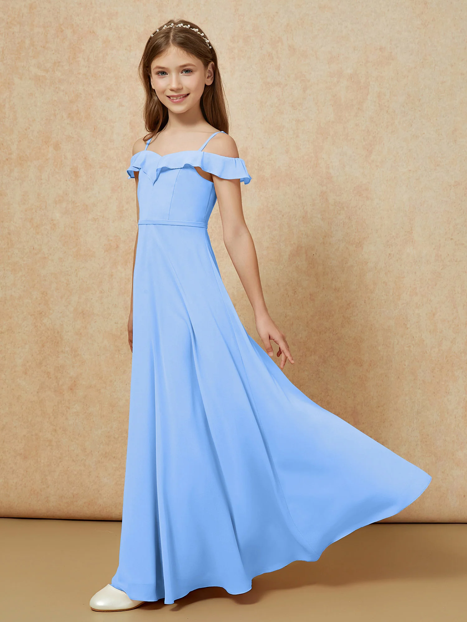 Off-the-shoulder A-Line Junior Bridesmaid Dresses Blue - Image 3