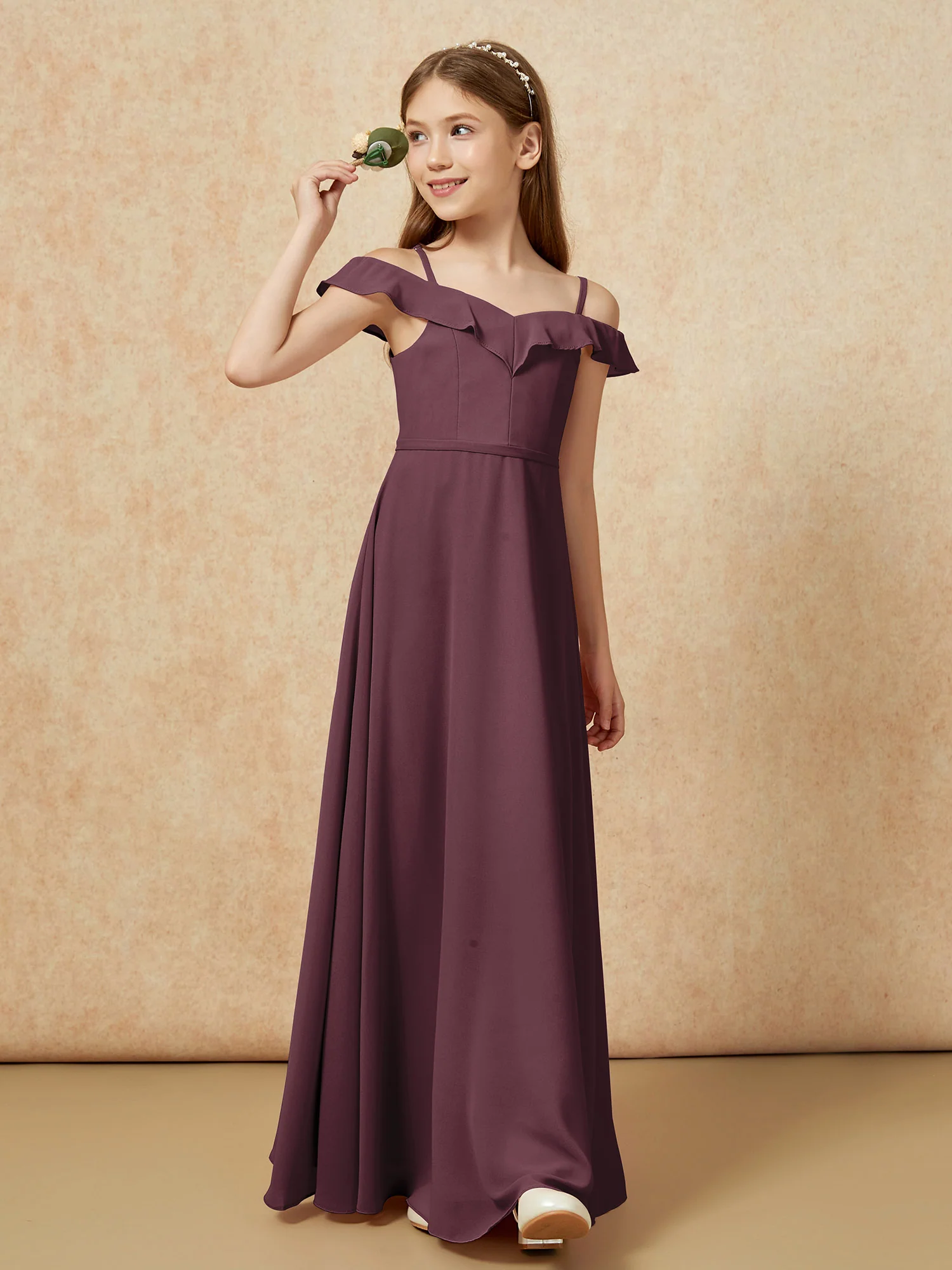 Off-the-shoulder A-Line Junior Bridesmaid Dresses Cabernet - Image 4