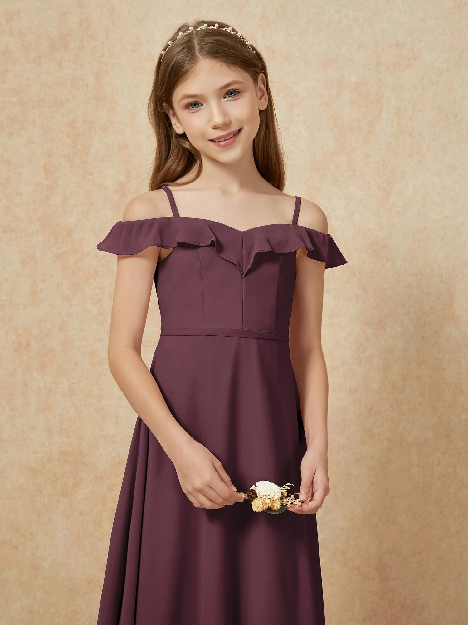 Off-the-shoulder A-Line Junior Bridesmaid Dresses Cabernet - Image 6