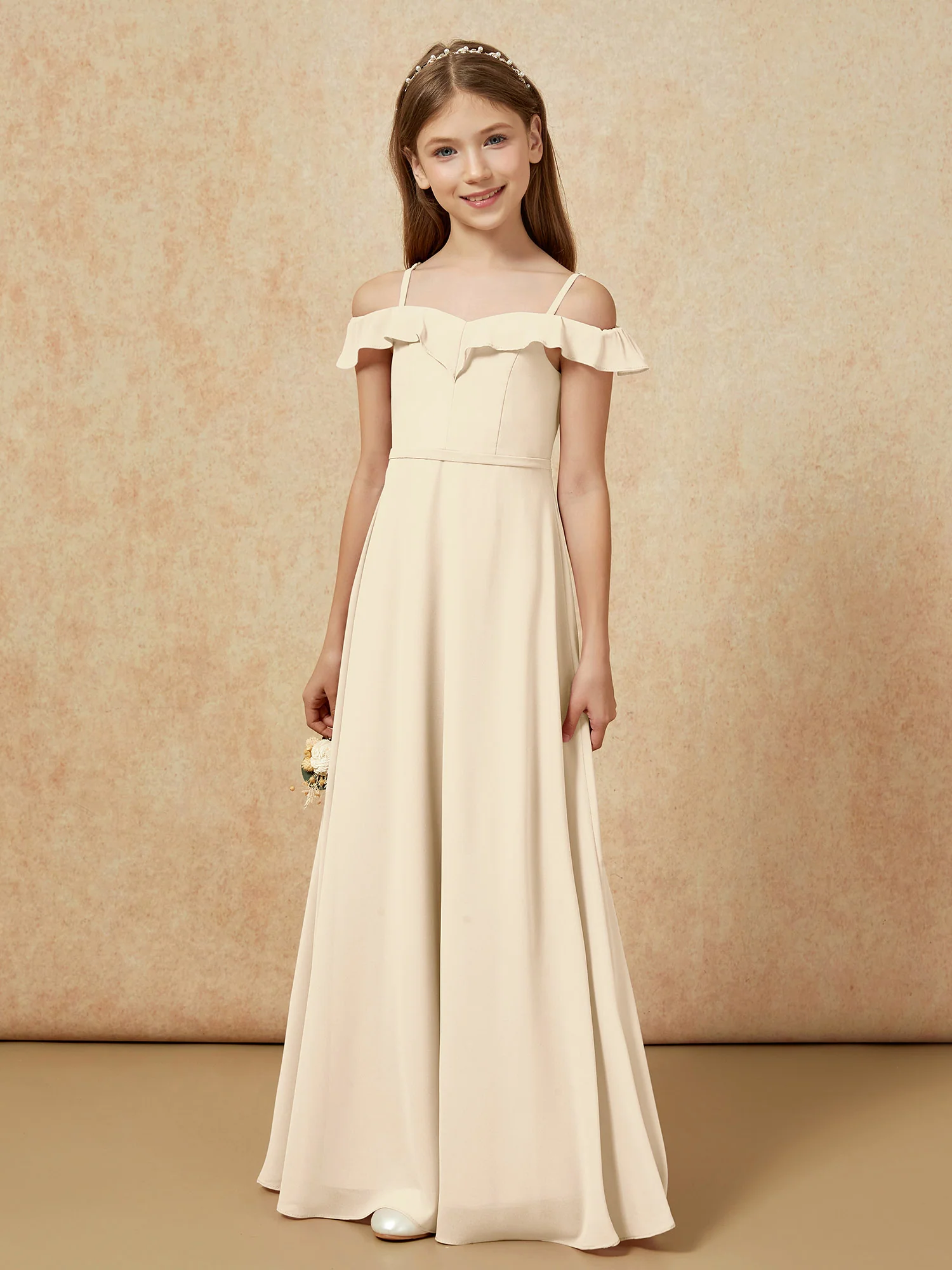 Off-the-shoulder A-Line Junior Bridesmaid Dresses Champagne - Image 5