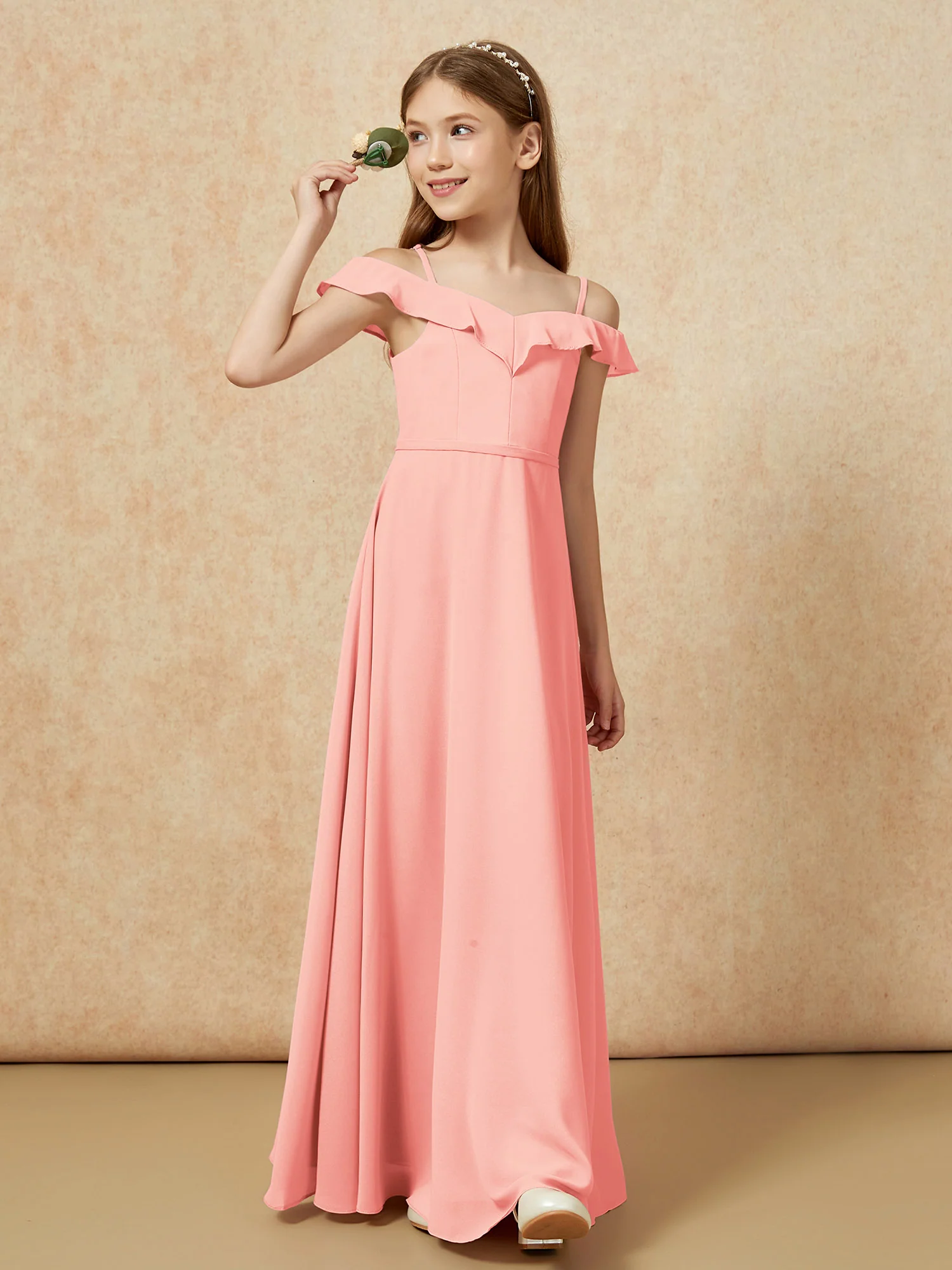 Off-the-shoulder A-Line Junior Bridesmaid Dresses Coral - Image 4