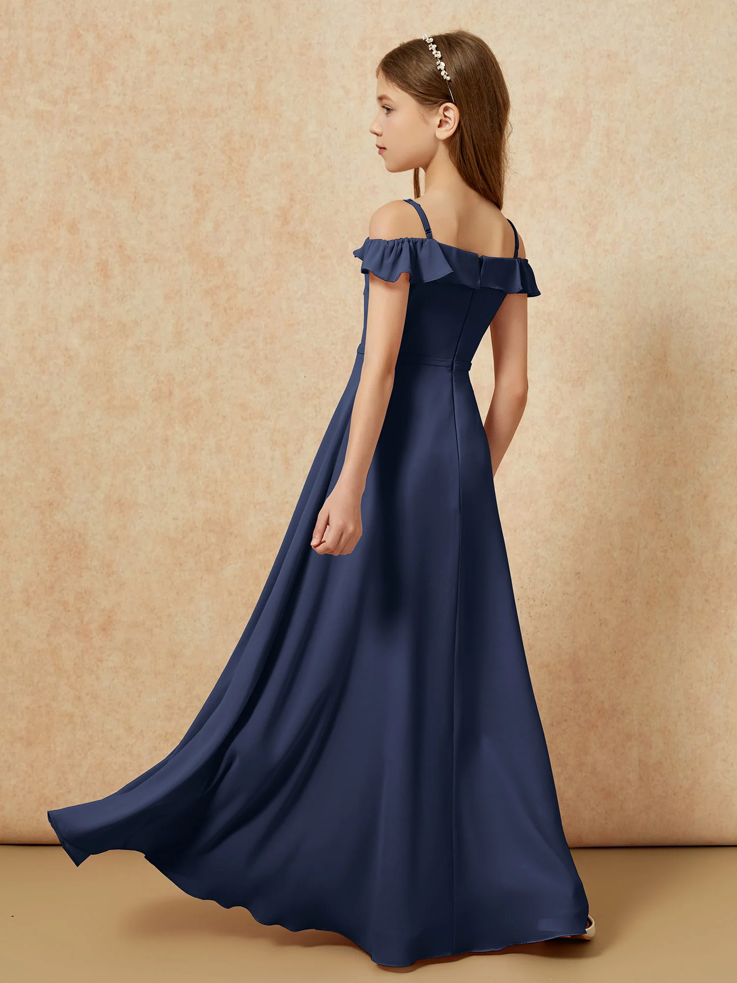Off-the-shoulder A-Line Junior Bridesmaid Dresses Dark Navy - Image 2