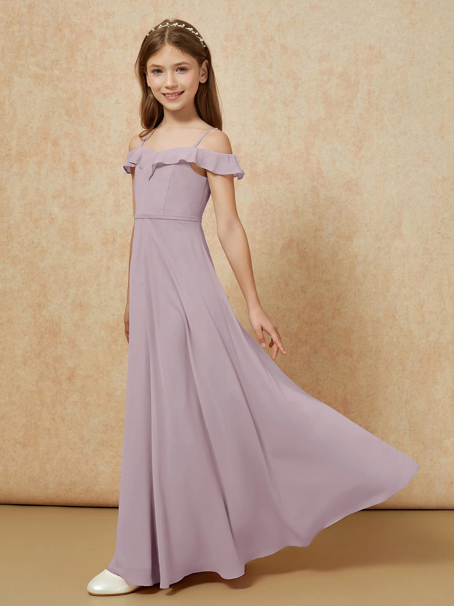 Off-the-shoulder A-Line Junior Bridesmaid Dresses Dusk - Image 3