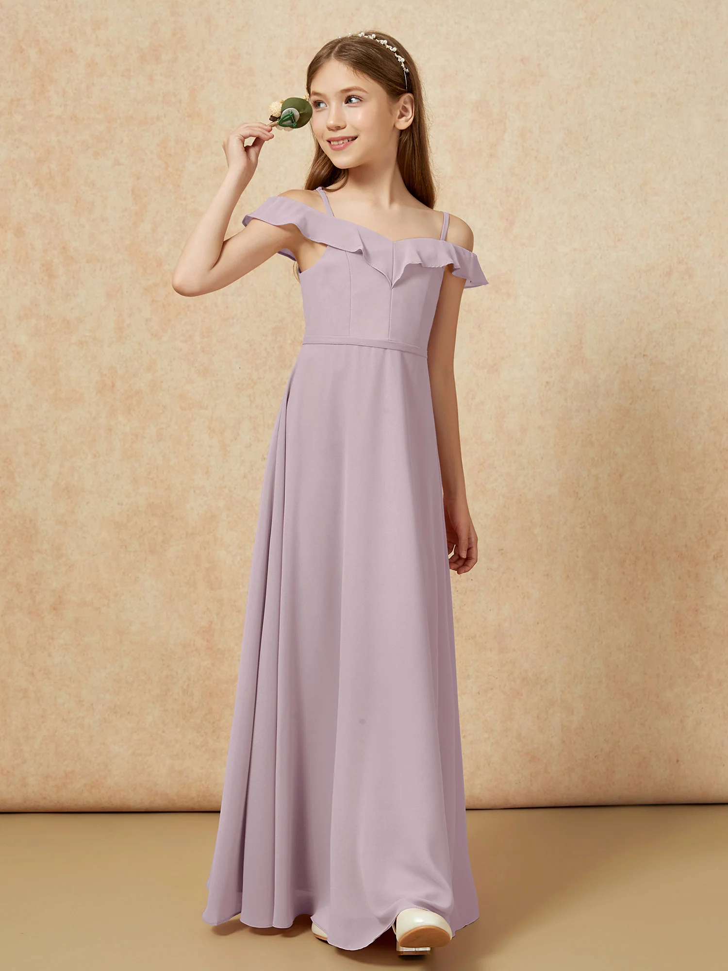 Off-the-shoulder A-Line Junior Bridesmaid Dresses Dusk - Image 4