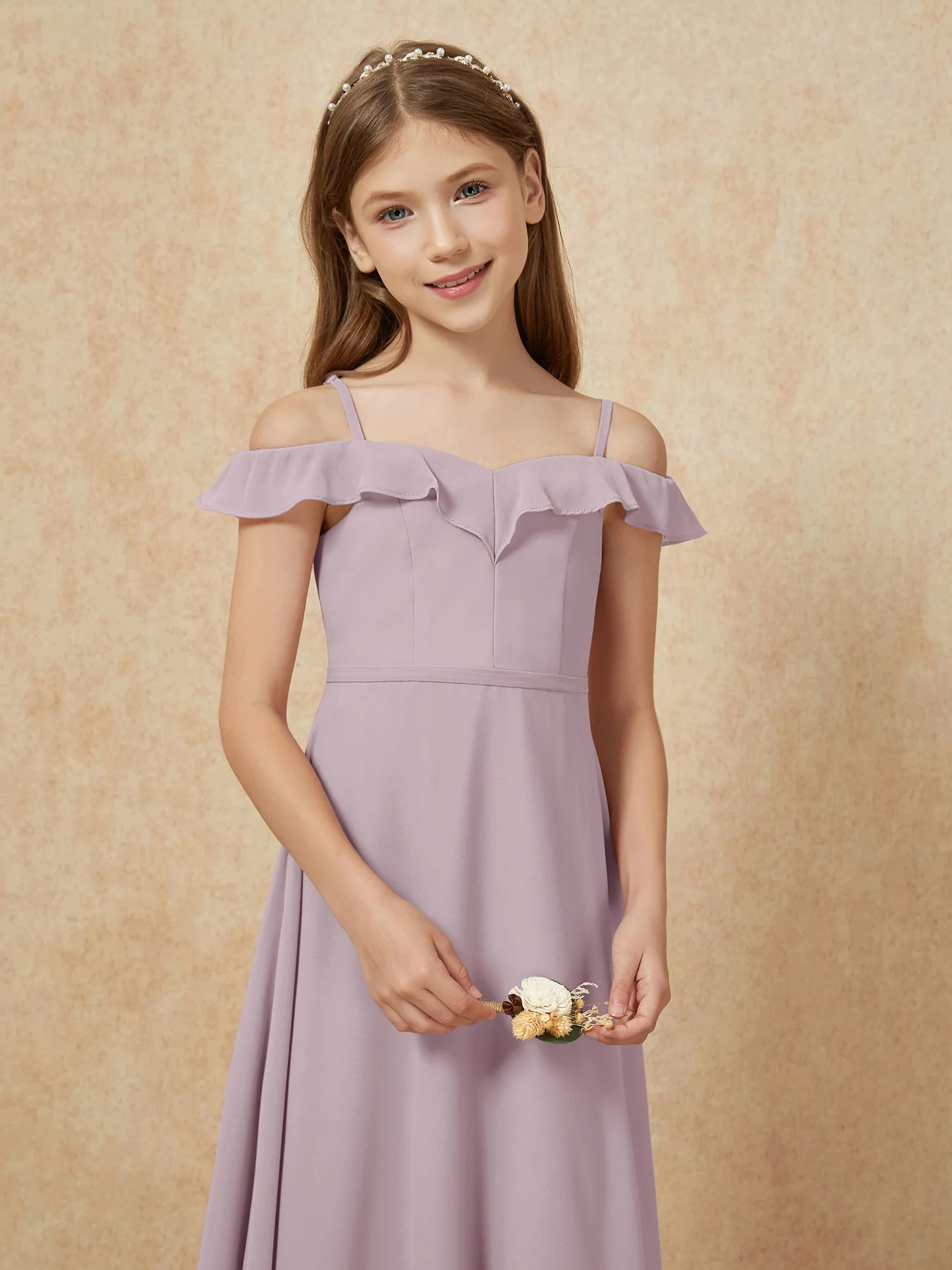 Off-the-shoulder A-Line Junior Bridesmaid Dresses Dusk - Image 6