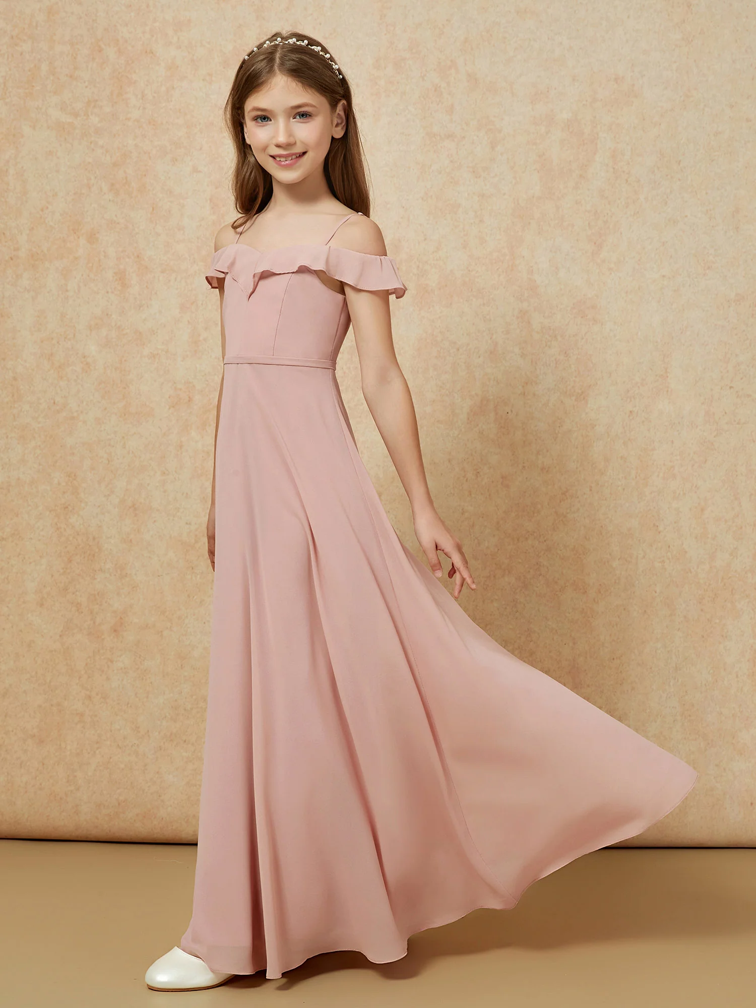 Off-the-shoulder A-Line Junior Bridesmaid Dresses Dusty Rose - Image 3