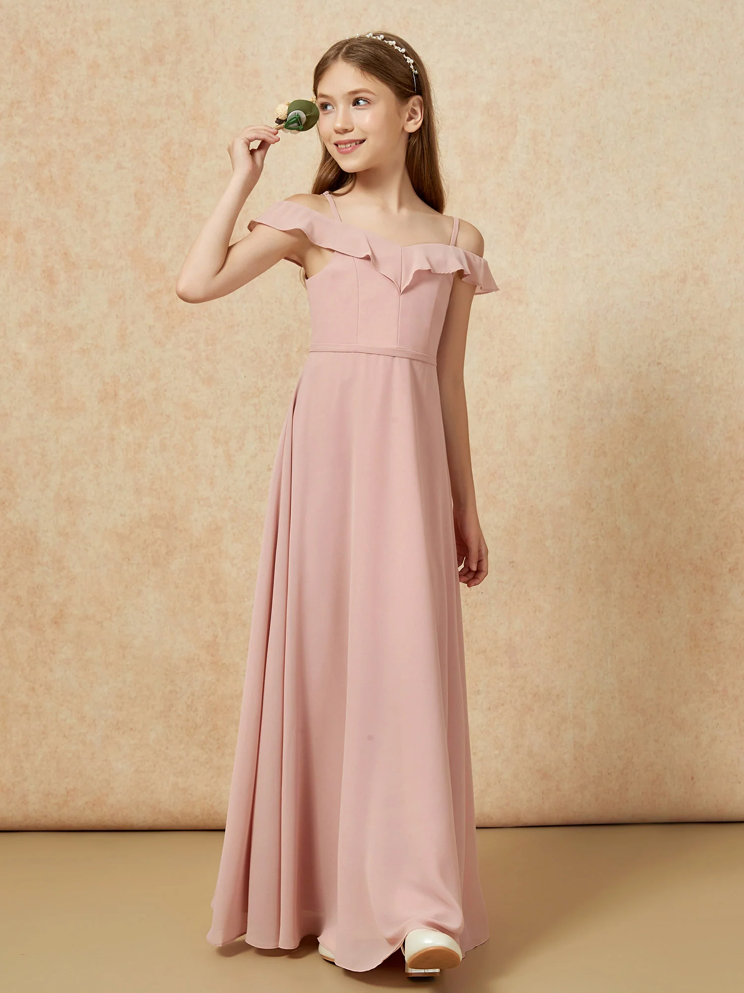 Off-the-shoulder A-Line Junior Bridesmaid Dresses Dusty Rose - Image 4