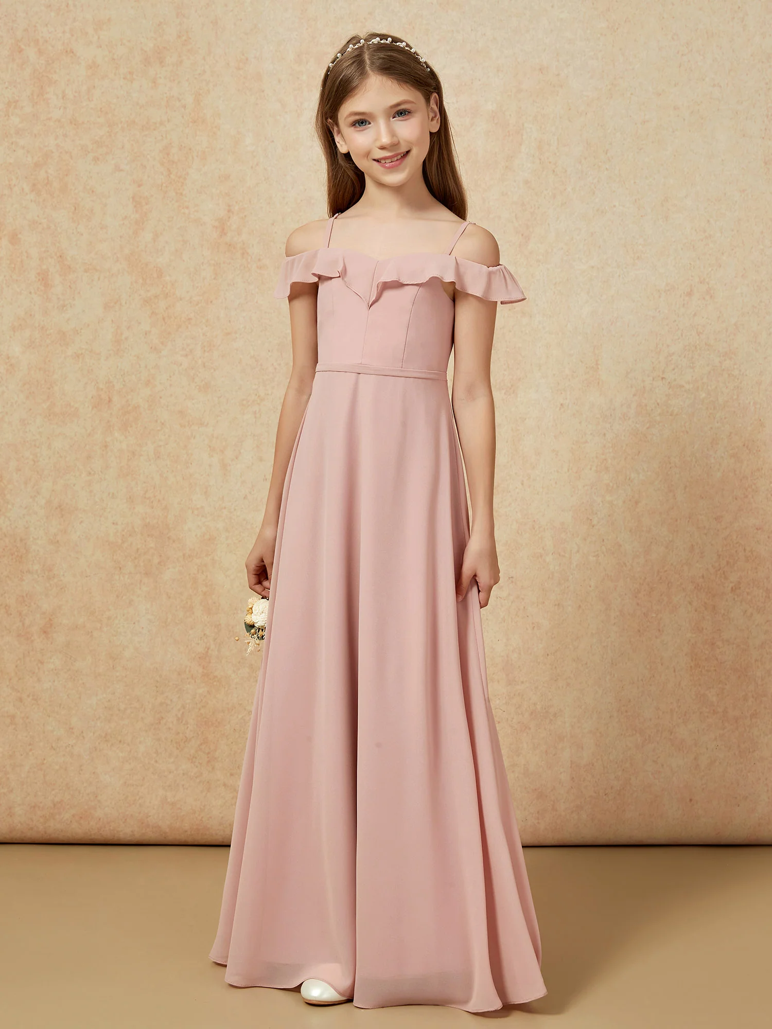 Off-the-shoulder A-Line Junior Bridesmaid Dresses Dusty Rose - Image 5