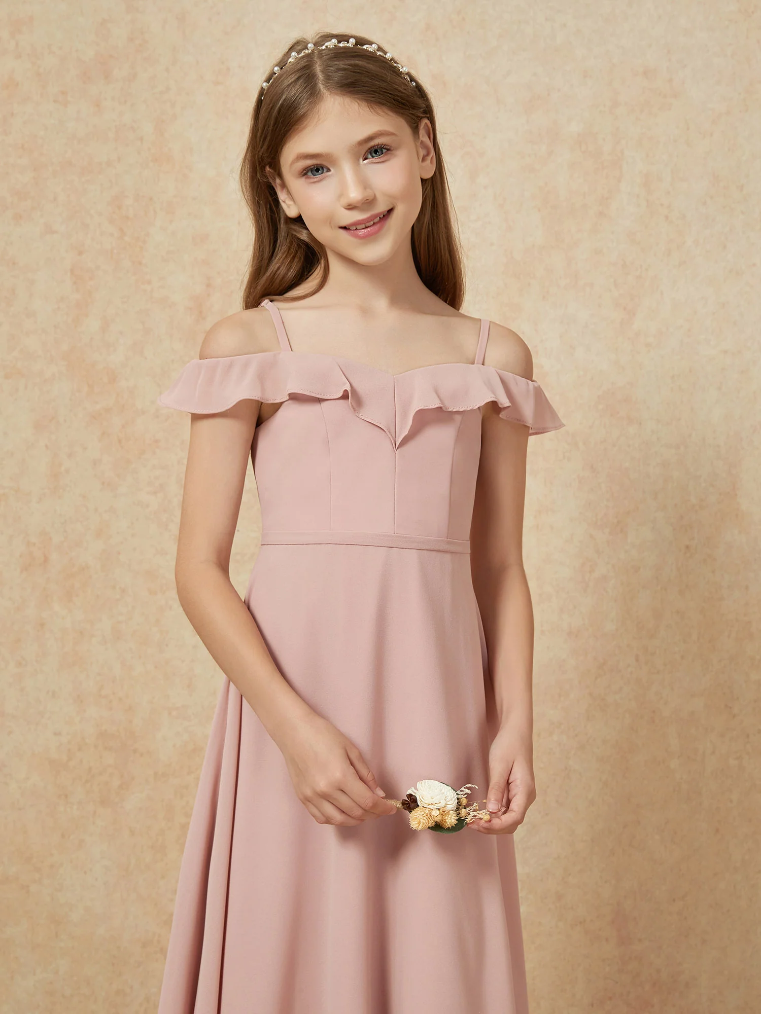 Off-the-shoulder A-Line Junior Bridesmaid Dresses Dusty Rose - Image 6