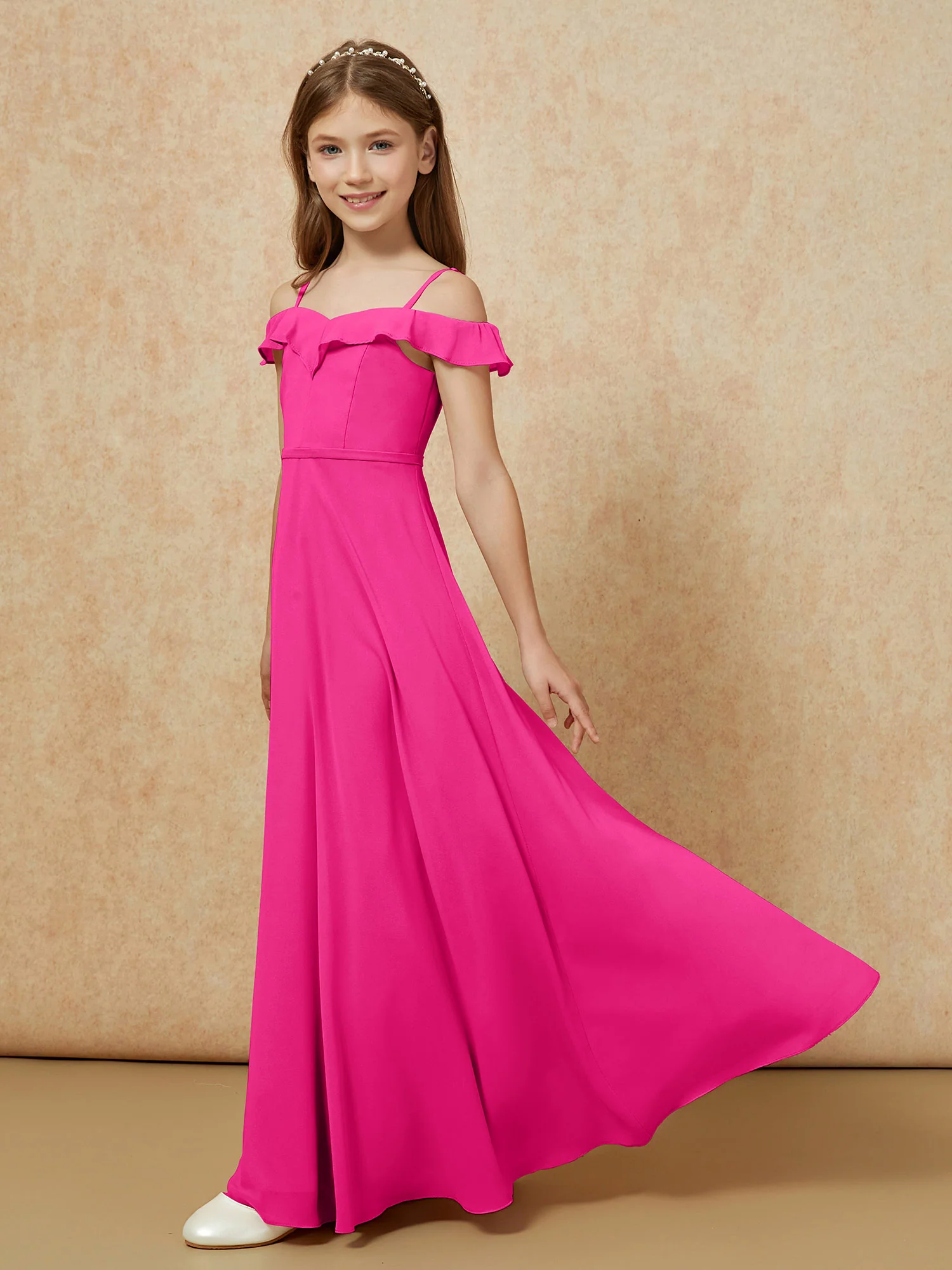 Off-the-shoulder A-Line Junior Bridesmaid Dresses Fuchsia - Image 3