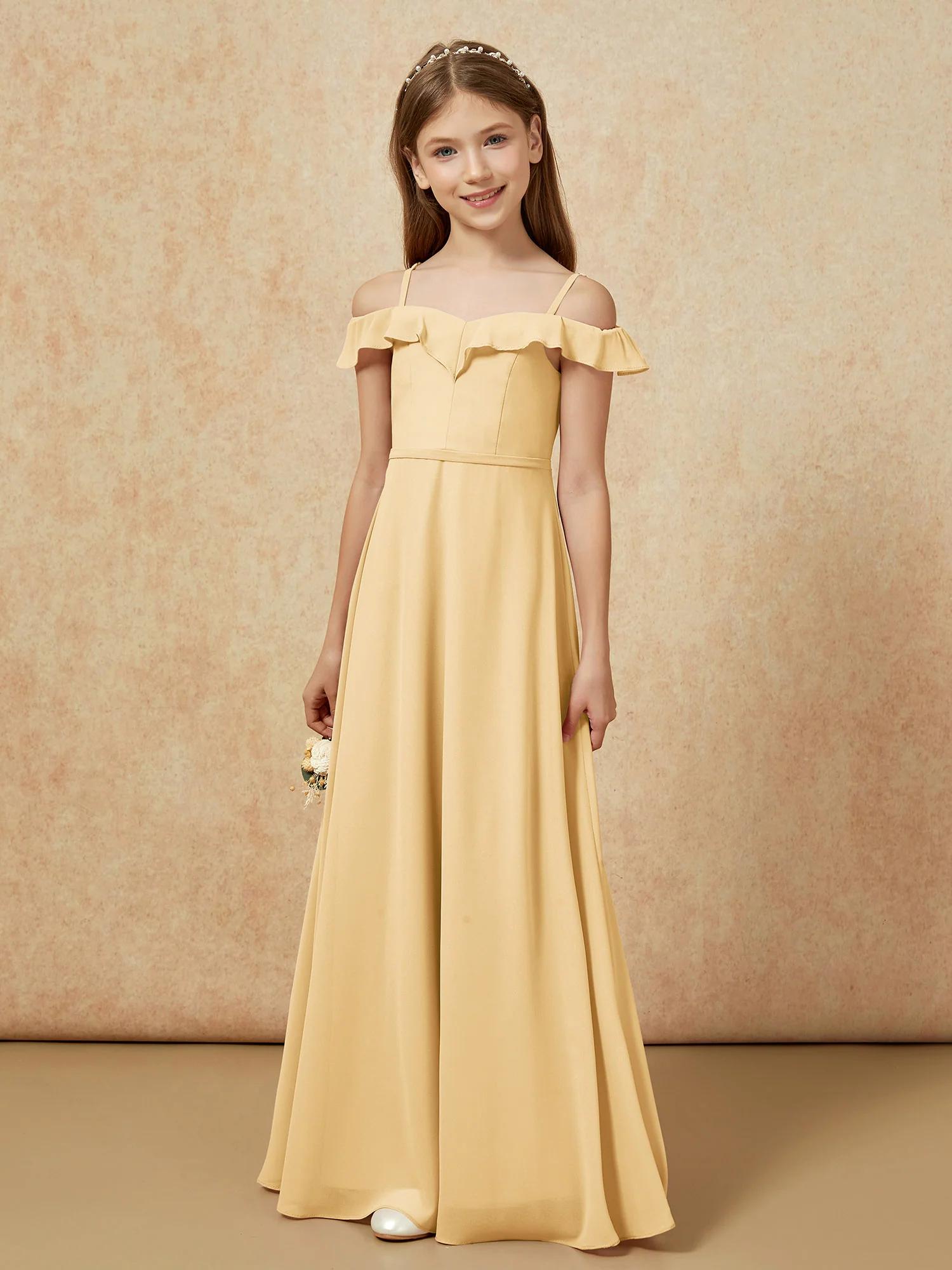 Off-the-shoulder A-Line Junior Bridesmaid Dresses Gold - Image 5