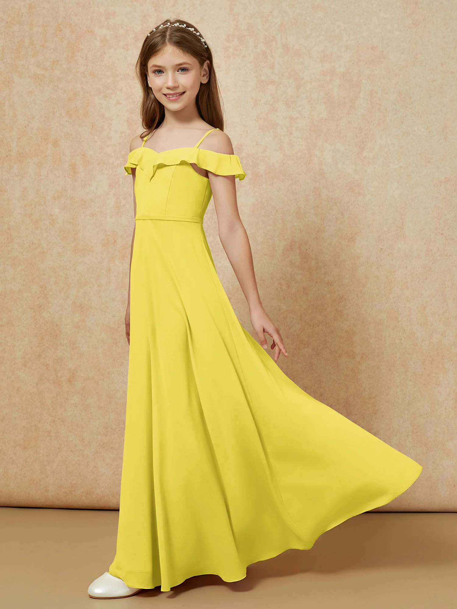 Off-the-shoulder A-Line Junior Bridesmaid Dresses Lemon - Image 3