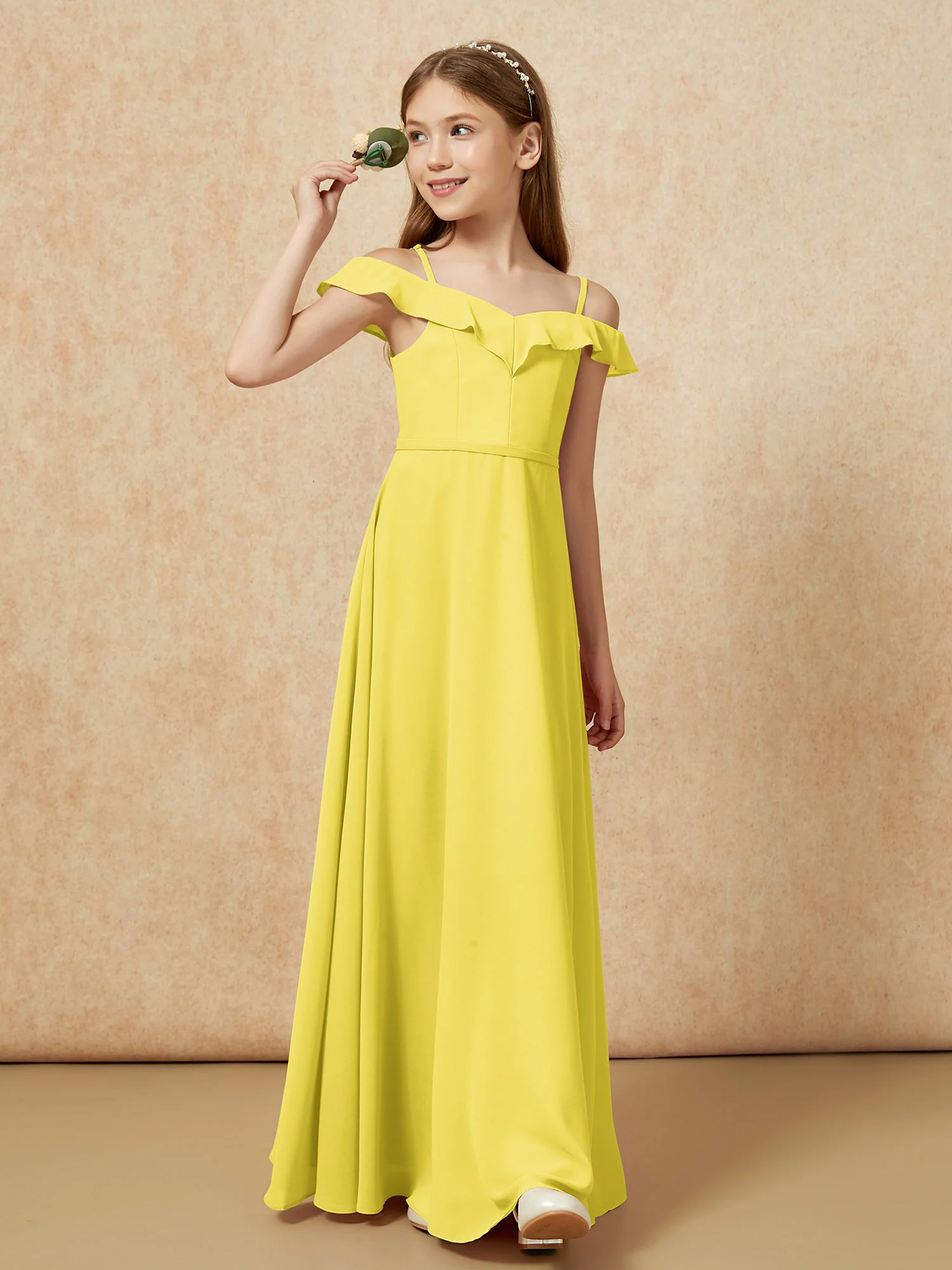 Off-the-shoulder A-Line Junior Bridesmaid Dresses Lemon - Image 4