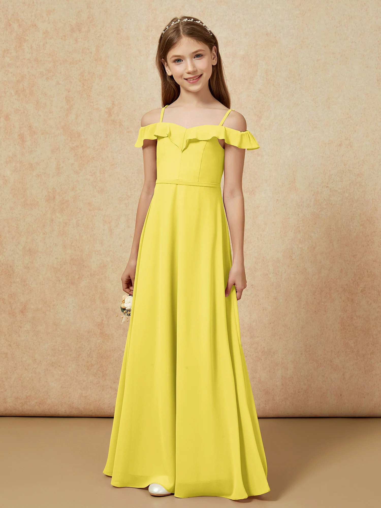 Off-the-shoulder A-Line Junior Bridesmaid Dresses Lemon - Image 5