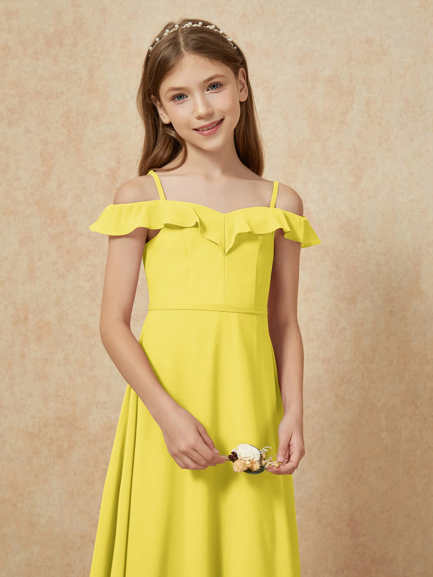 Off-the-shoulder A-Line Junior Bridesmaid Dresses Lemon - Image 6