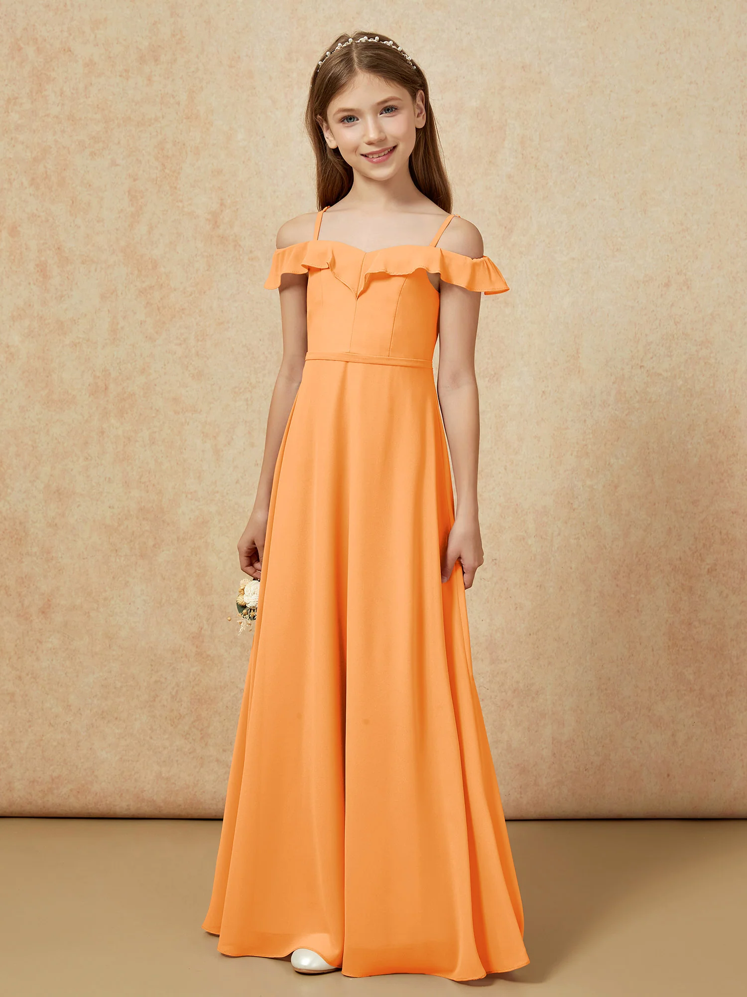 Off-the-shoulder A-Line Junior Bridesmaid Dresses Orange - Image 5