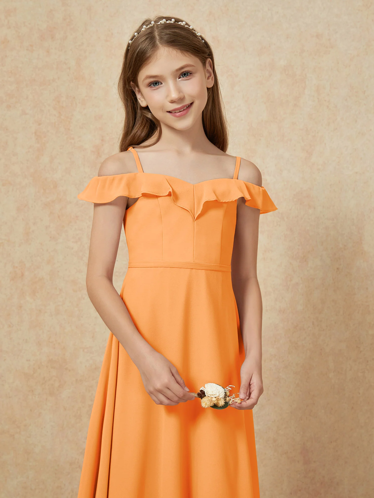 Off-the-shoulder A-Line Junior Bridesmaid Dresses Orange - Image 6