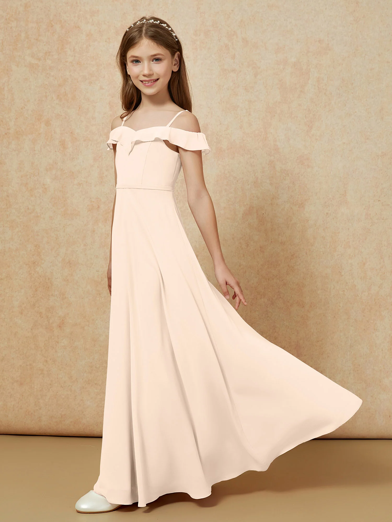 Off-the-shoulder A-Line Junior Bridesmaid Dresses Peach - Image 3