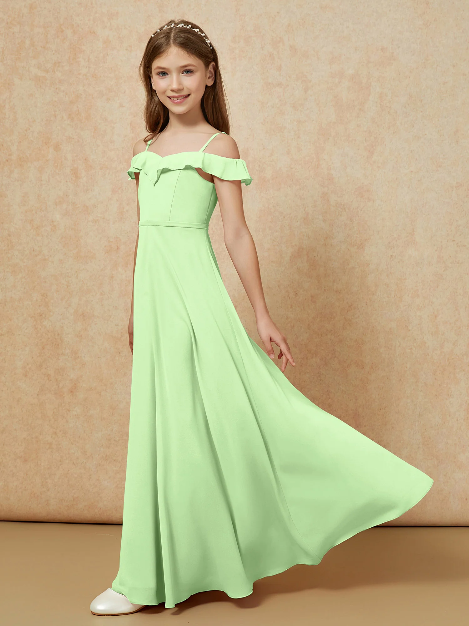 Off-the-shoulder A-Line Junior Bridesmaid Dresses Sage - Image 3