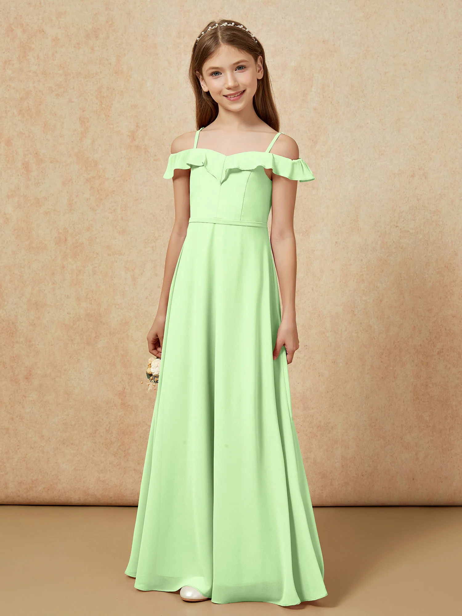 Off-the-shoulder A-Line Junior Bridesmaid Dresses Sage - Image 5