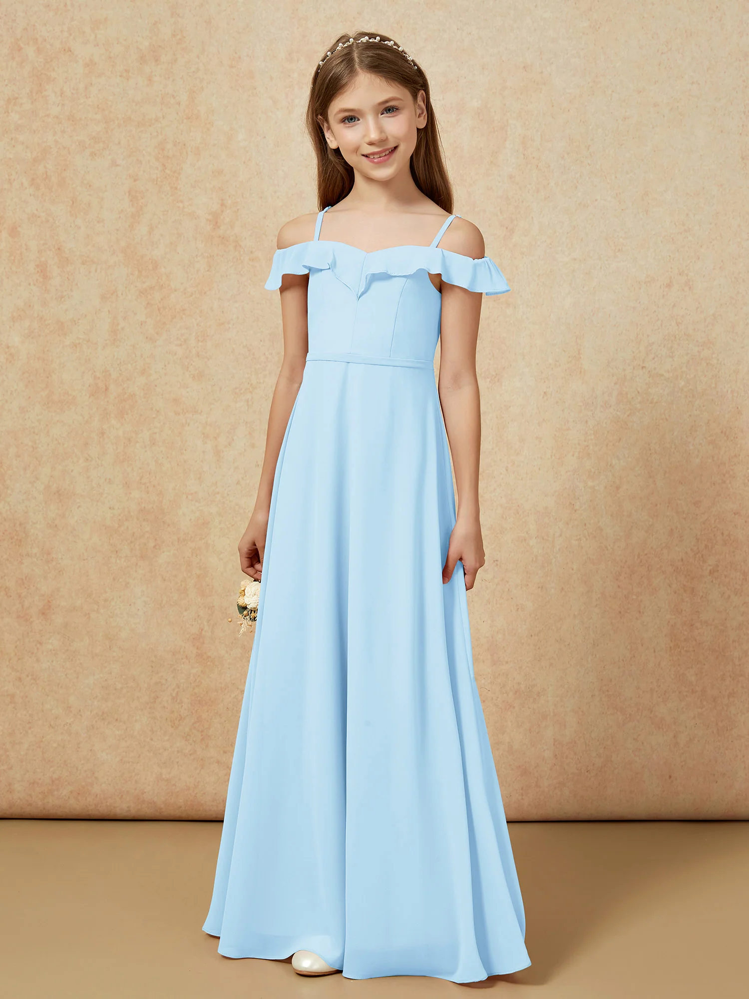 Off-the-shoulder A-Line Junior Bridesmaid Dresses Sky Blue - Image 5