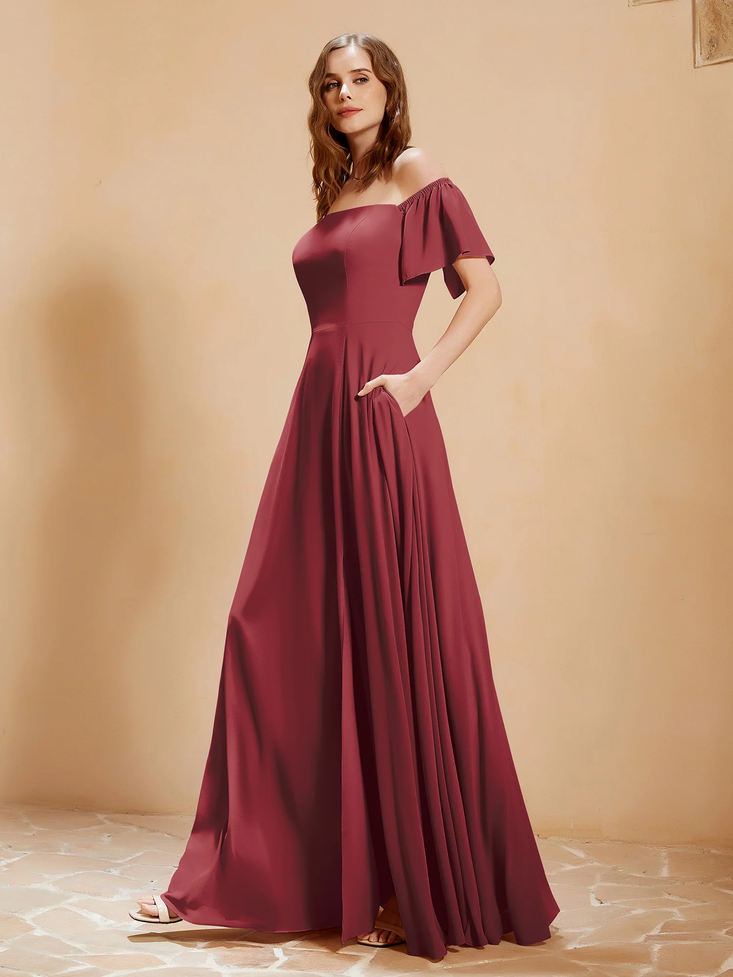 Off The Shoulder Chiffon Dress With Pocket Cinnamon Rose - Image 3