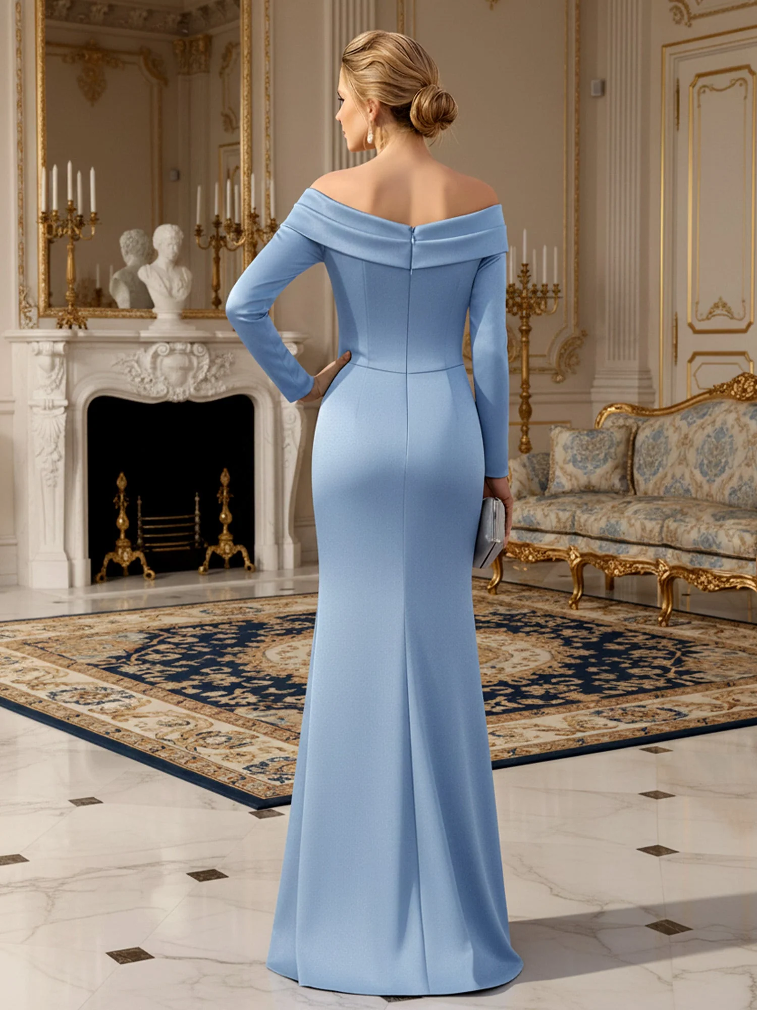 Off-the-shoulder Long Sleeve Pleated Bodycon Dress Steel Grey - Image 2