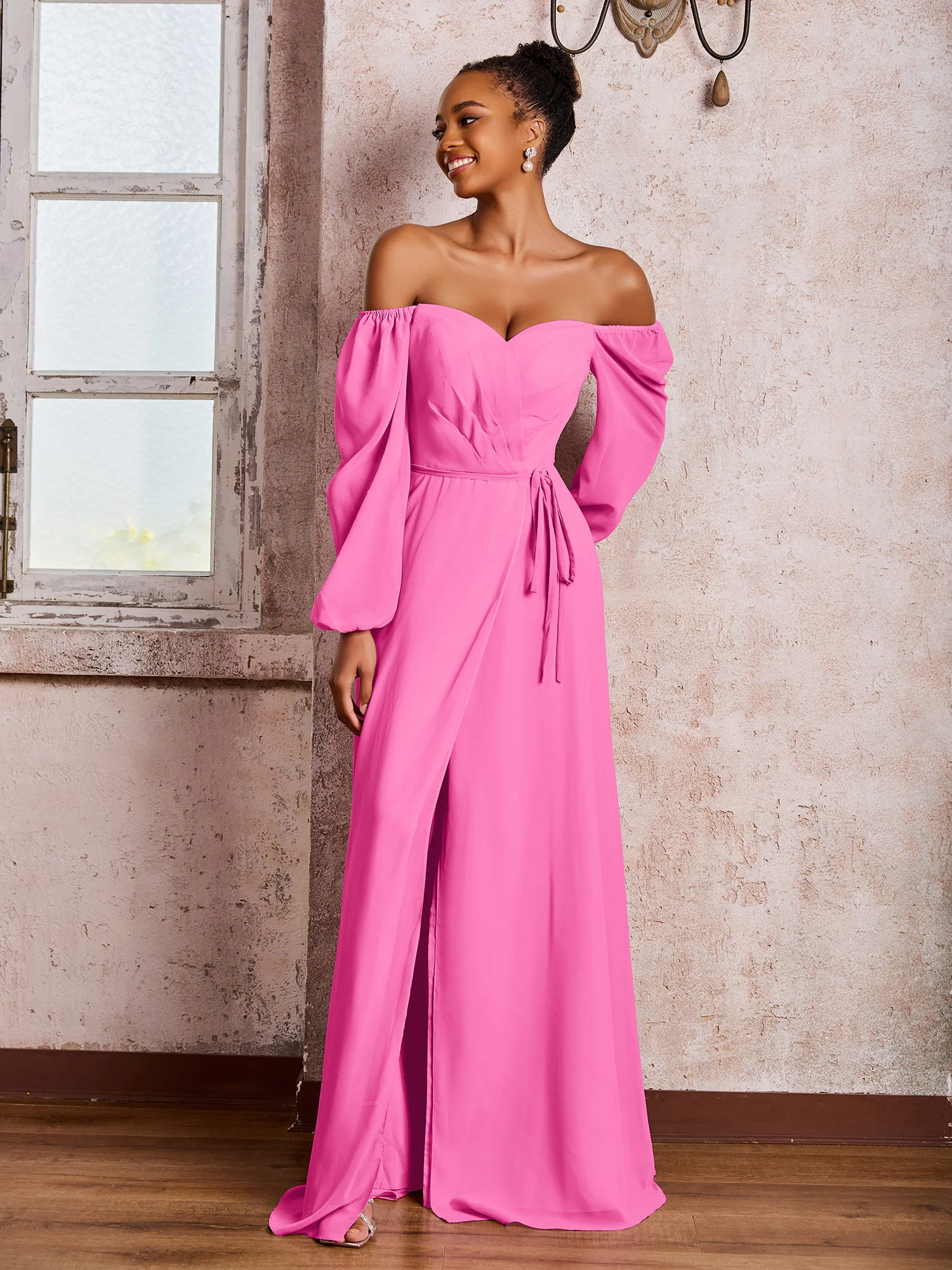 Off-The-Shoulder Long Sleeves Bow Dresses with Slit Azalea - Image 3