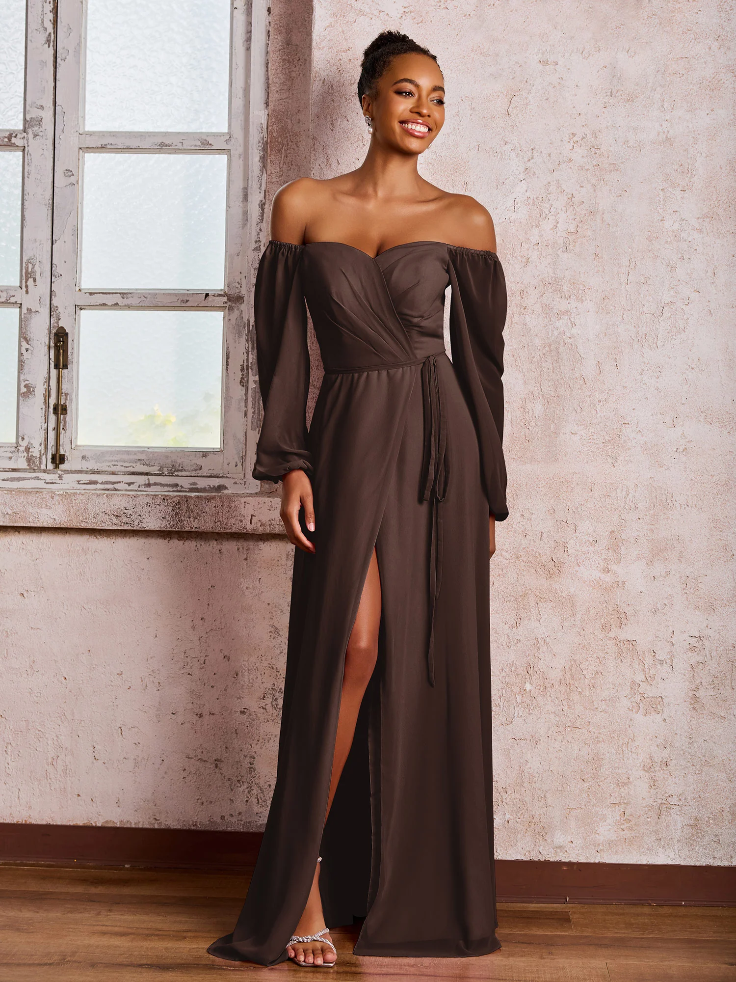 Off-The-Shoulder Long Sleeves Bow Dresses with Slit Chocolate