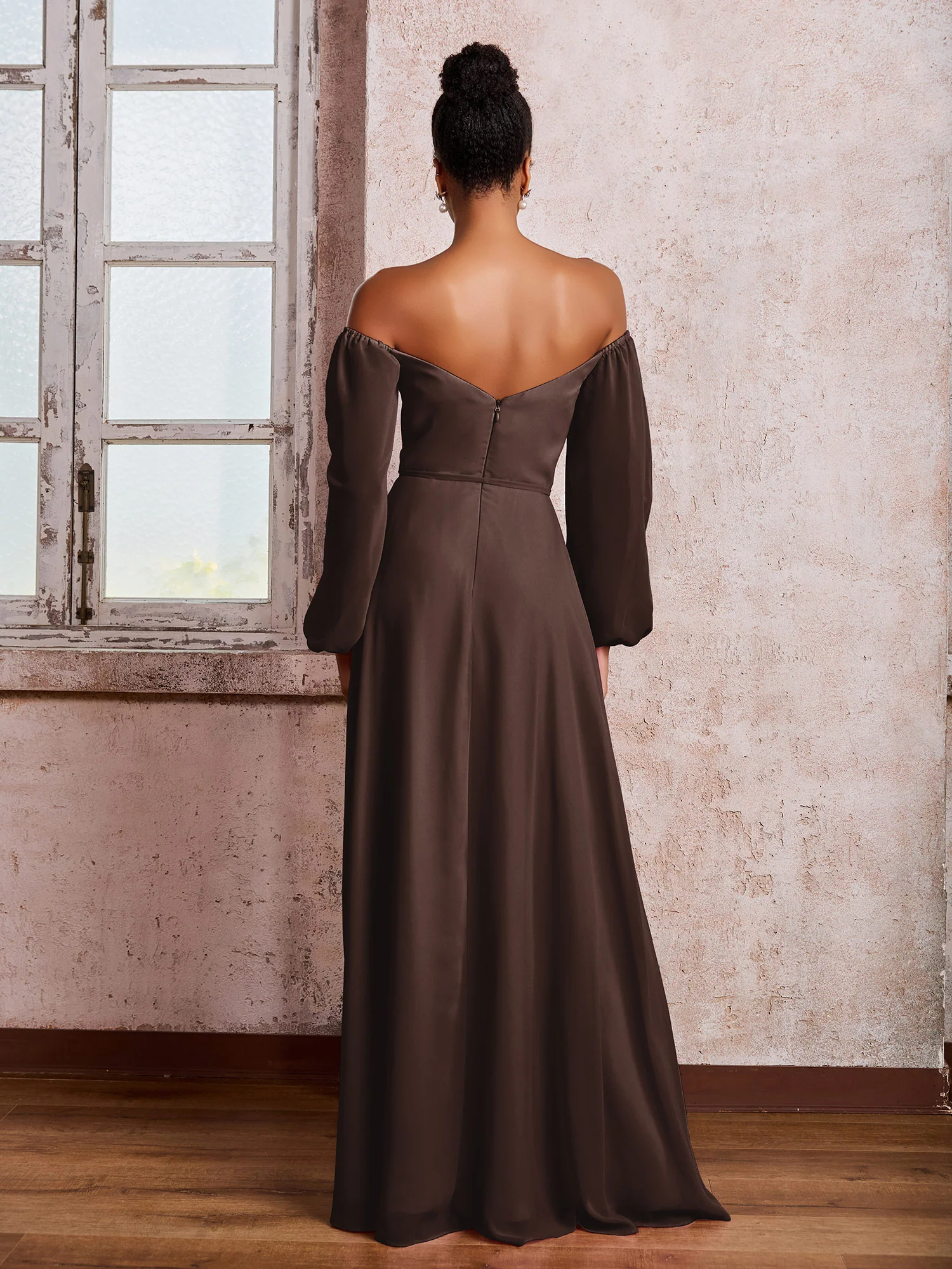 Off-The-Shoulder Long Sleeves Bow Dresses with Slit Chocolate - Image 2