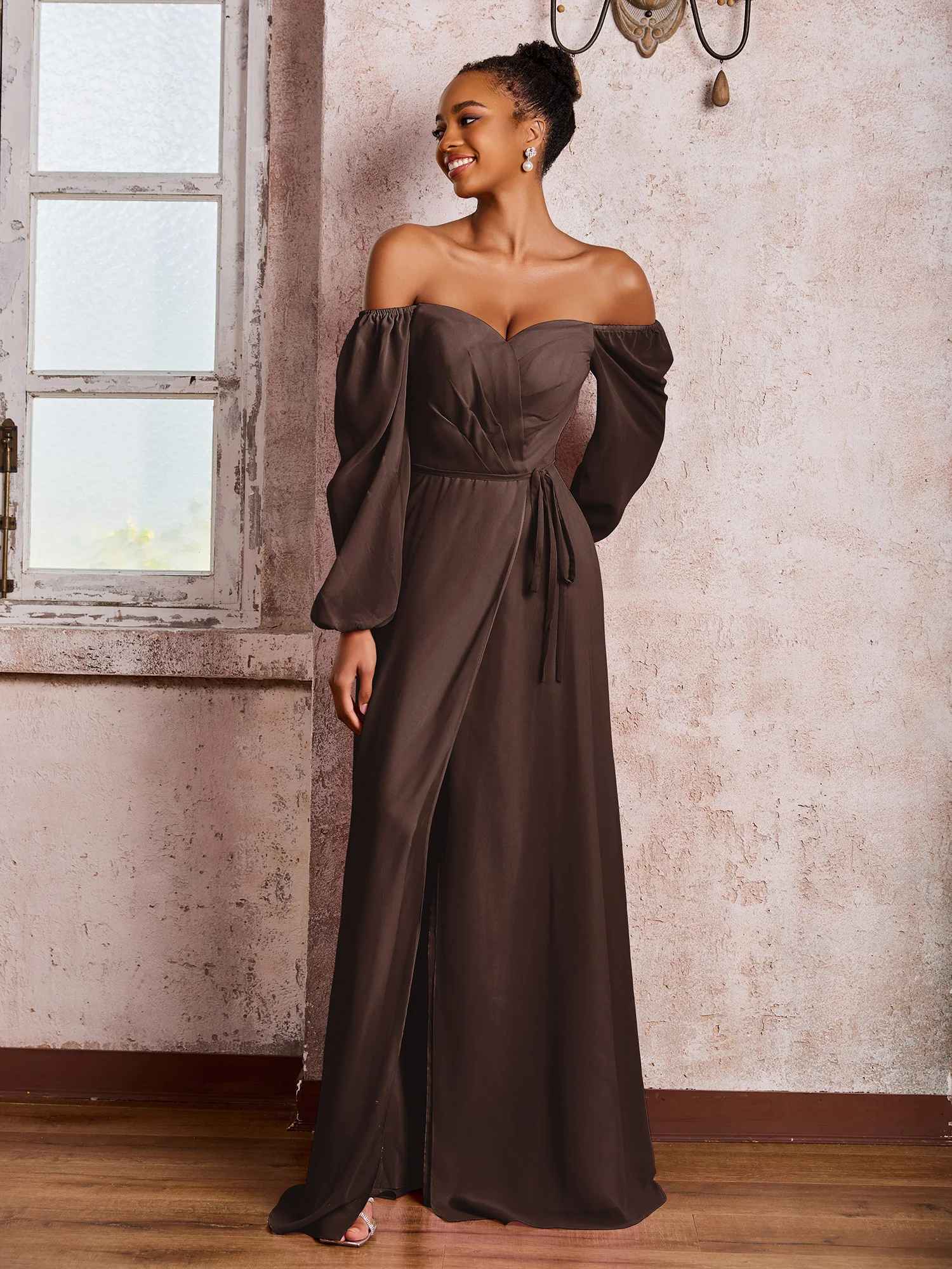 Off-The-Shoulder Long Sleeves Bow Dresses with Slit Chocolate - Image 3