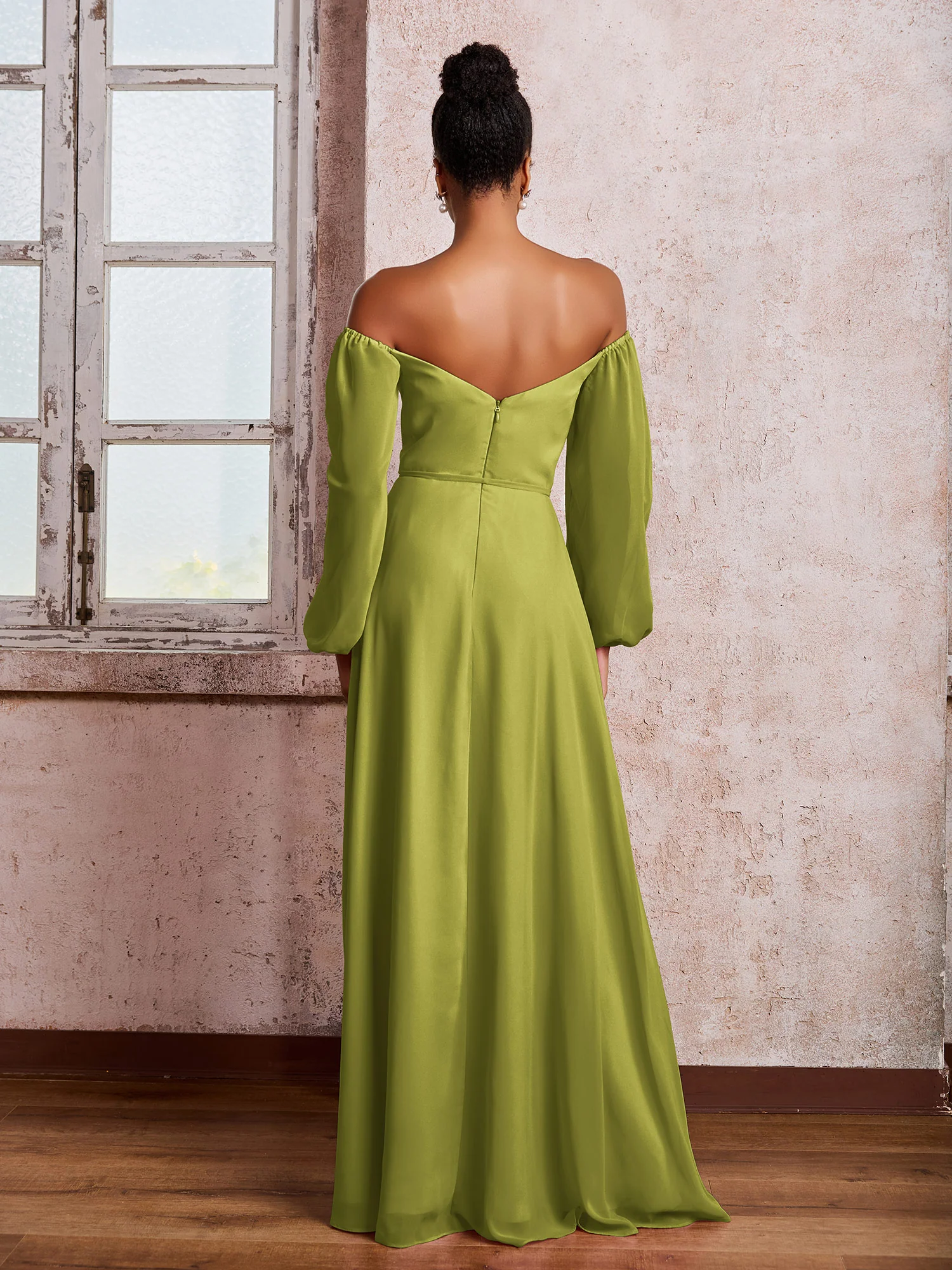 Off-The-Shoulder Long Sleeves Bow Dresses with Slit Clover - Image 2