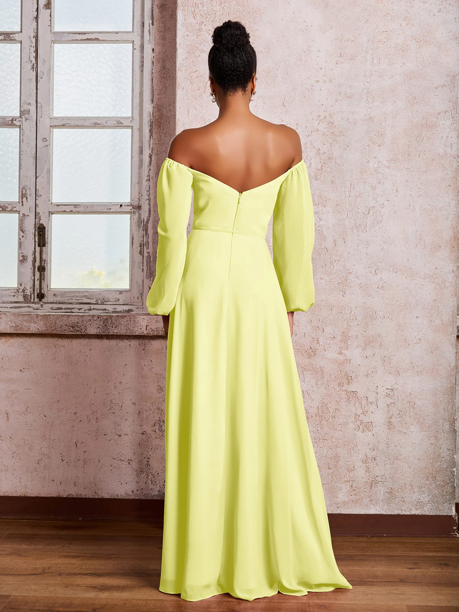 Off-The-Shoulder Long Sleeves Bow Dresses with Slit Daffodil - Image 2