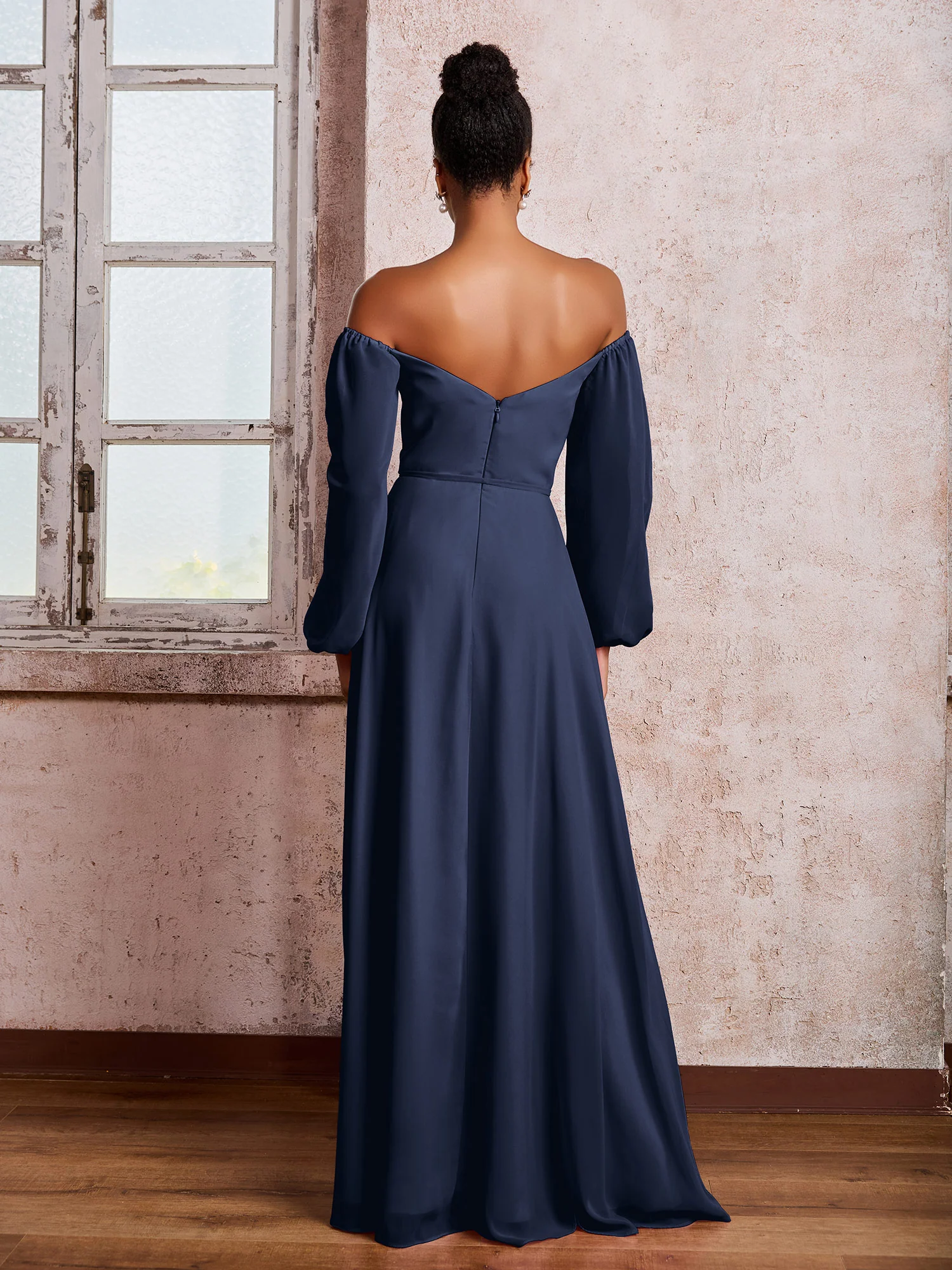 Off-The-Shoulder Long Sleeves Bow Dresses with Slit Dark Navy - Image 2